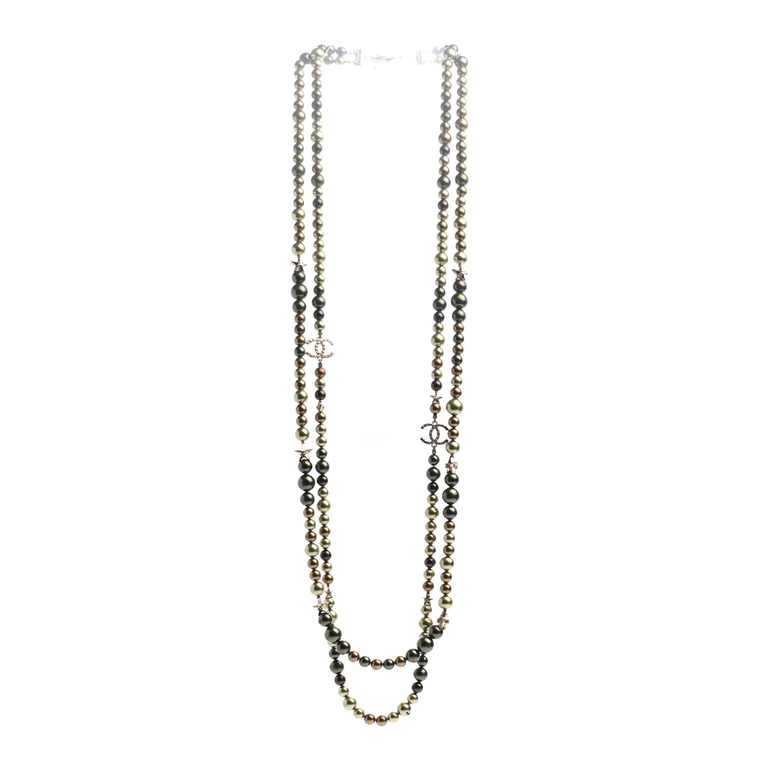 Chanel Pearl Star CC Multi Strand Long Necklace Green Gold 3 of 6
