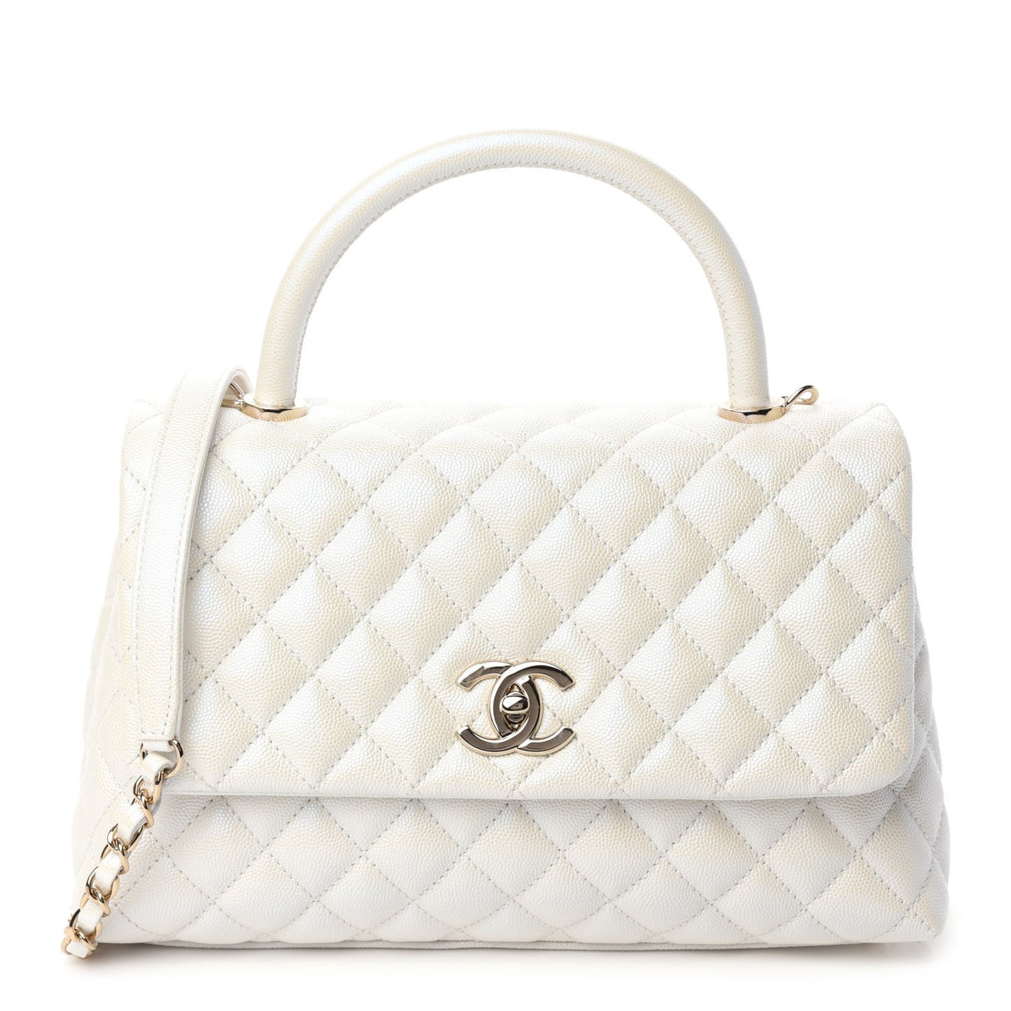 Iridescent Caviar Quilted Small Coco Handle Flap White