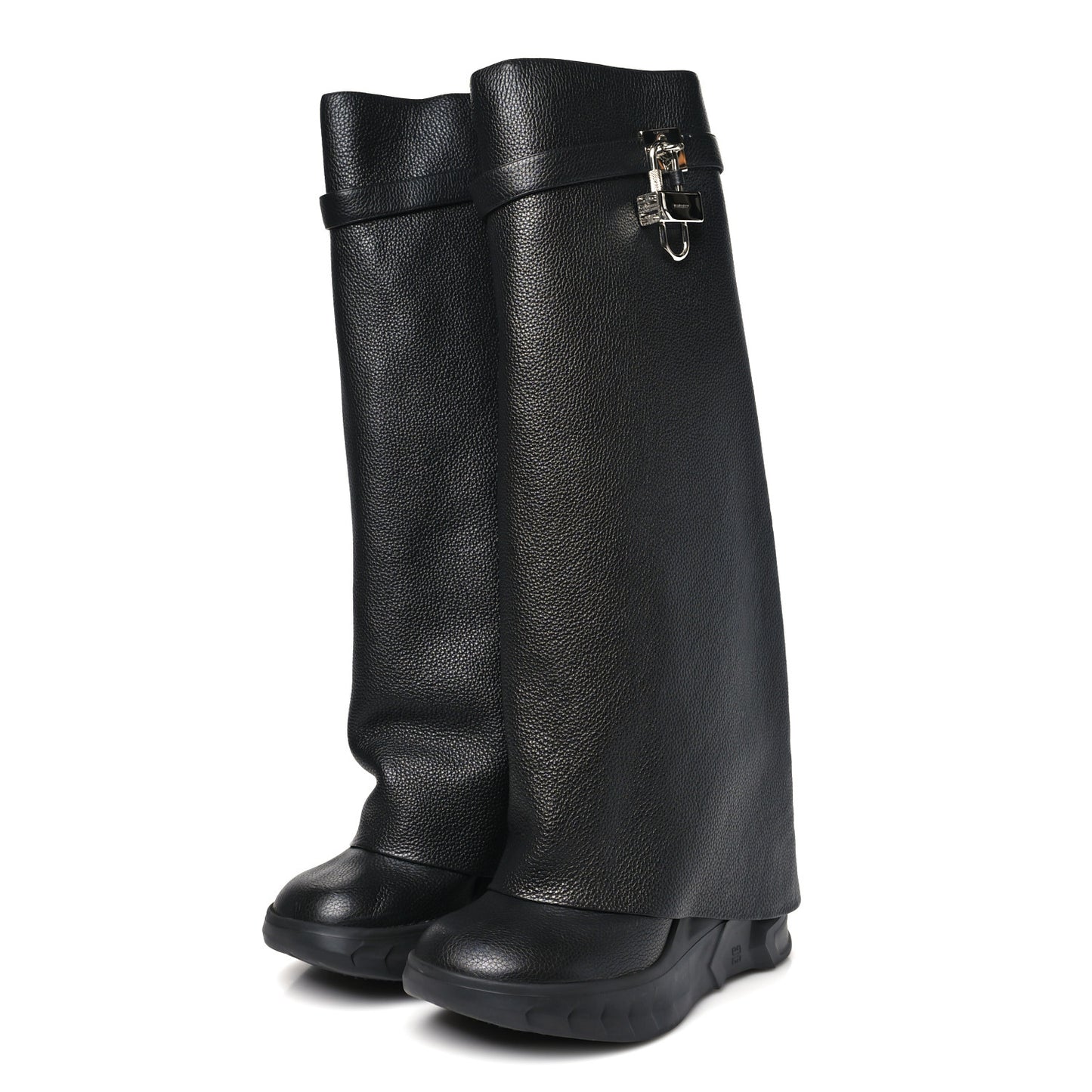 Grained Calfskin Shark Lock Biker Knee Boots 41 Black