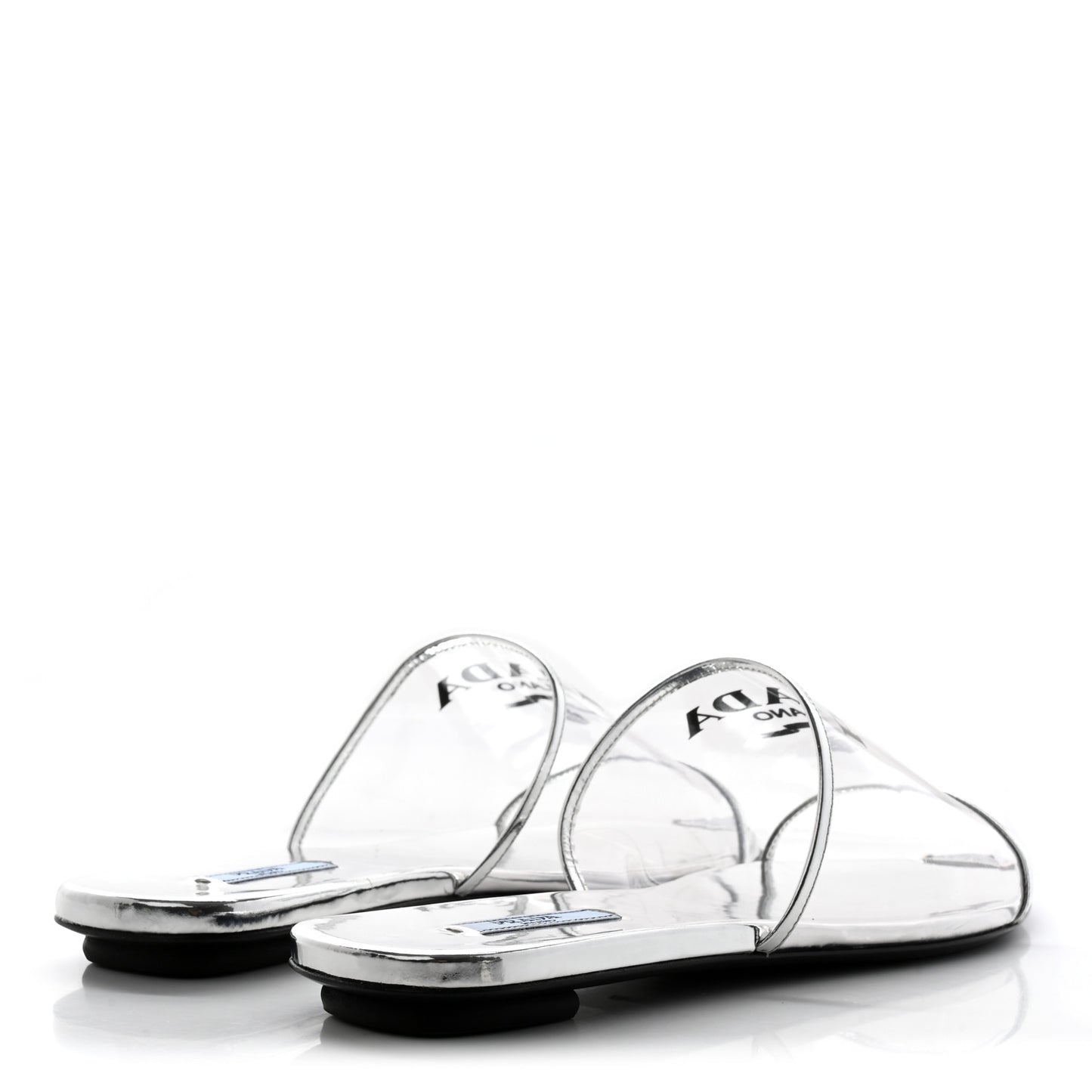 Plexiglass Metallic Calfskin Metal Triangle Logo Ciabatte Flat Slide Sandals 40 Argento
