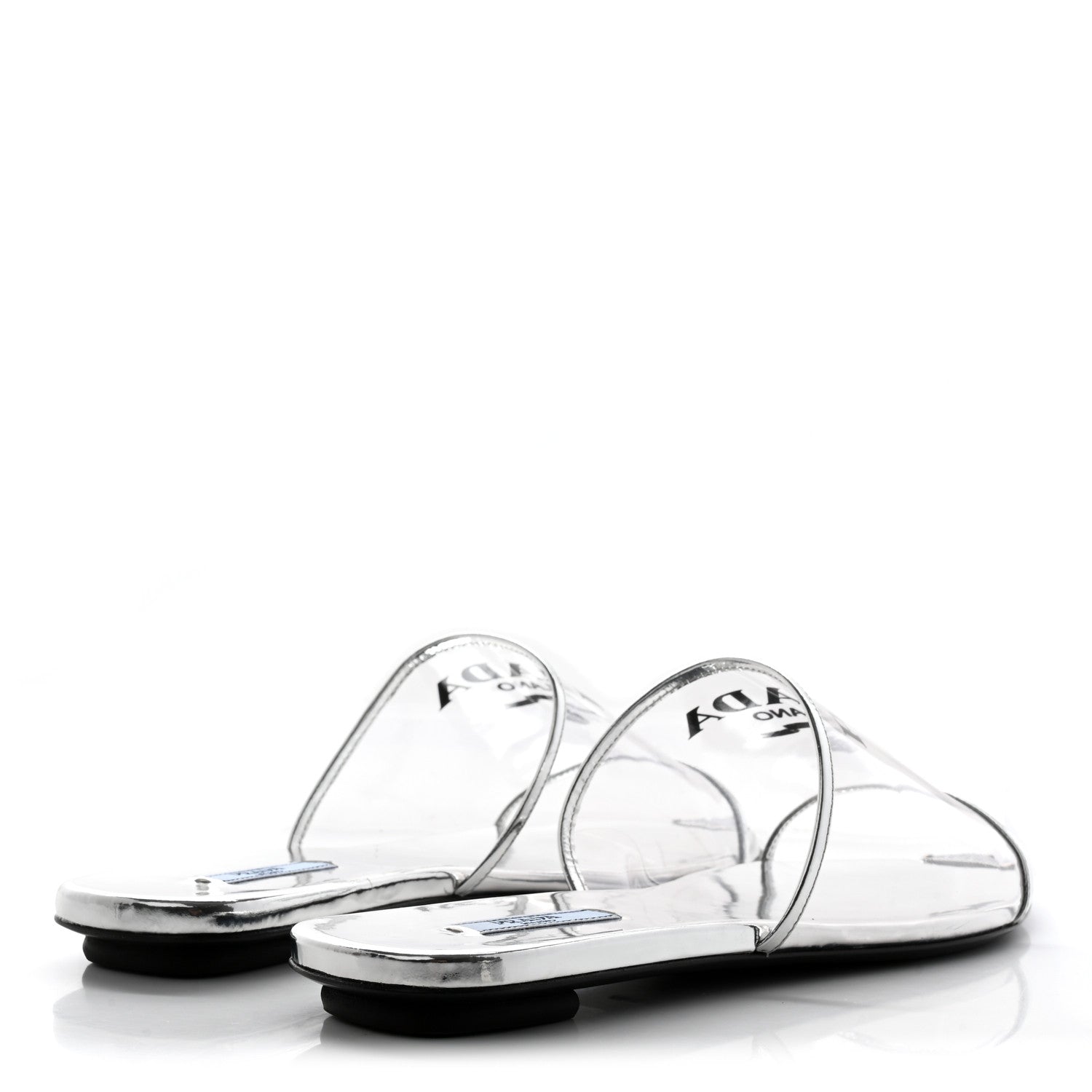 Prada Plexiglass Metallic Calfskin Metal Triangle Logo Ciabatte Flat Slide Sandals 40 Argento 4 of 12