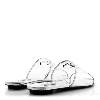 Prada Plexiglass Metallic Calfskin Metal Triangle Logo Ciabatte Flat Slide Sandals 40 Argento 4 of 12