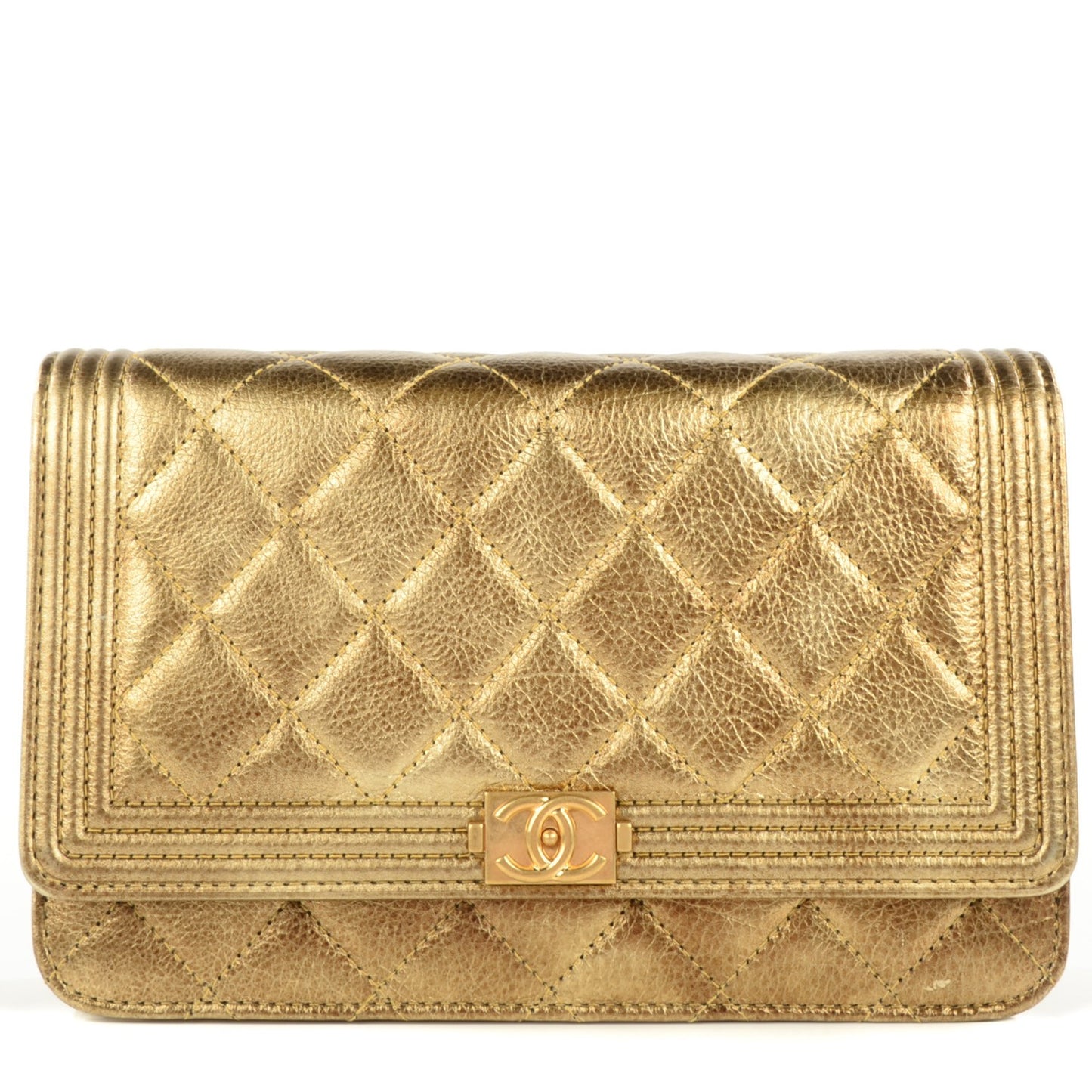 Distressed Calfskin Quilted Boy Wallet On Chain WOC Gold