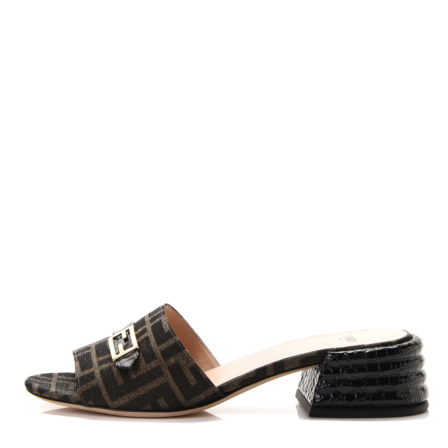 Jacquard Calfskin FF Crocodile Embossed Promenade Slide Sandals 38.5 Tobacco Moro Black