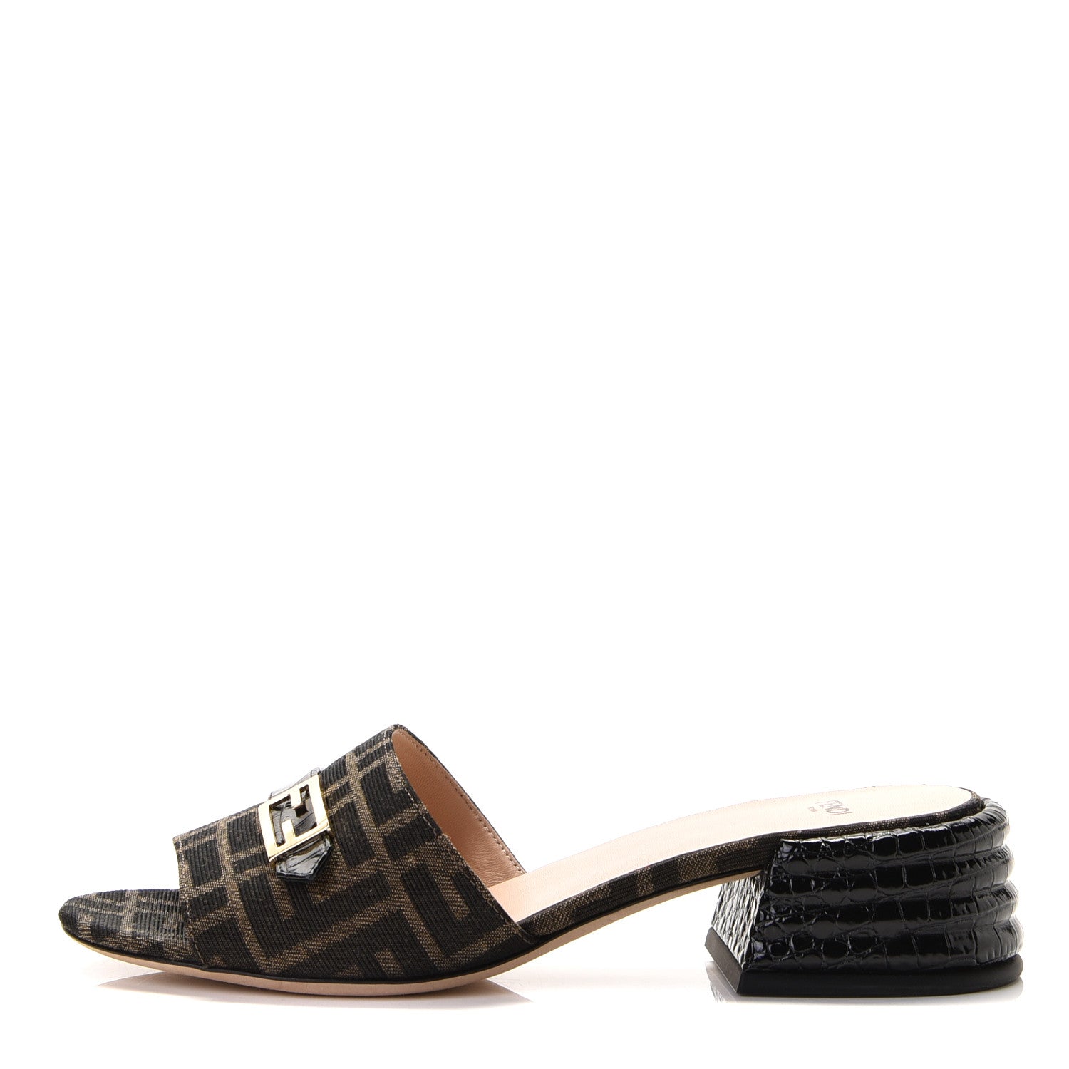 Fendi Jacquard Calfskin FF Crocodile Embossed Promenade Slide Sandals 38.5 Tobacco Moro Black 2 of 17