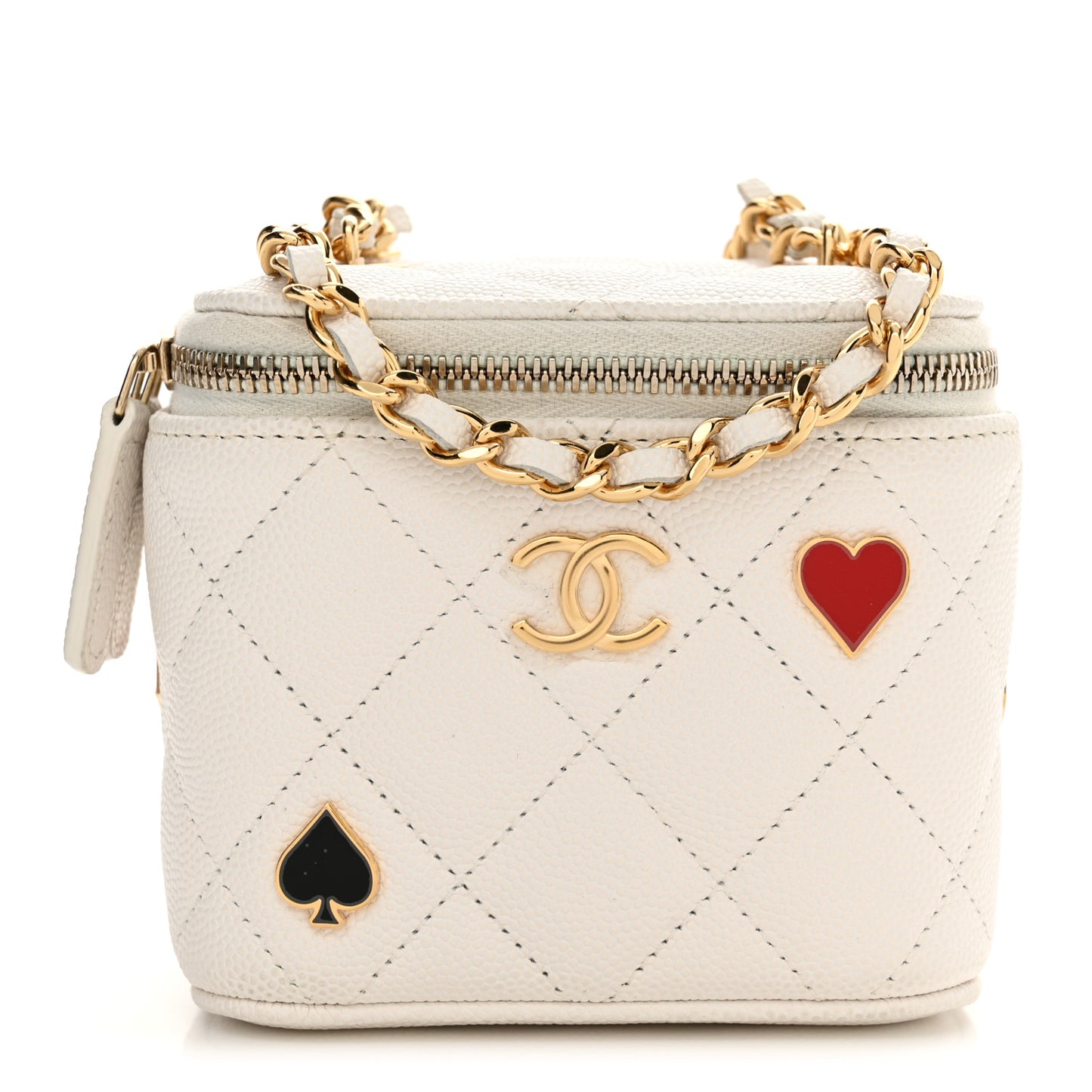 Caviar Quilted Enamel Coco Casino Mini Vanity Case With Chain White