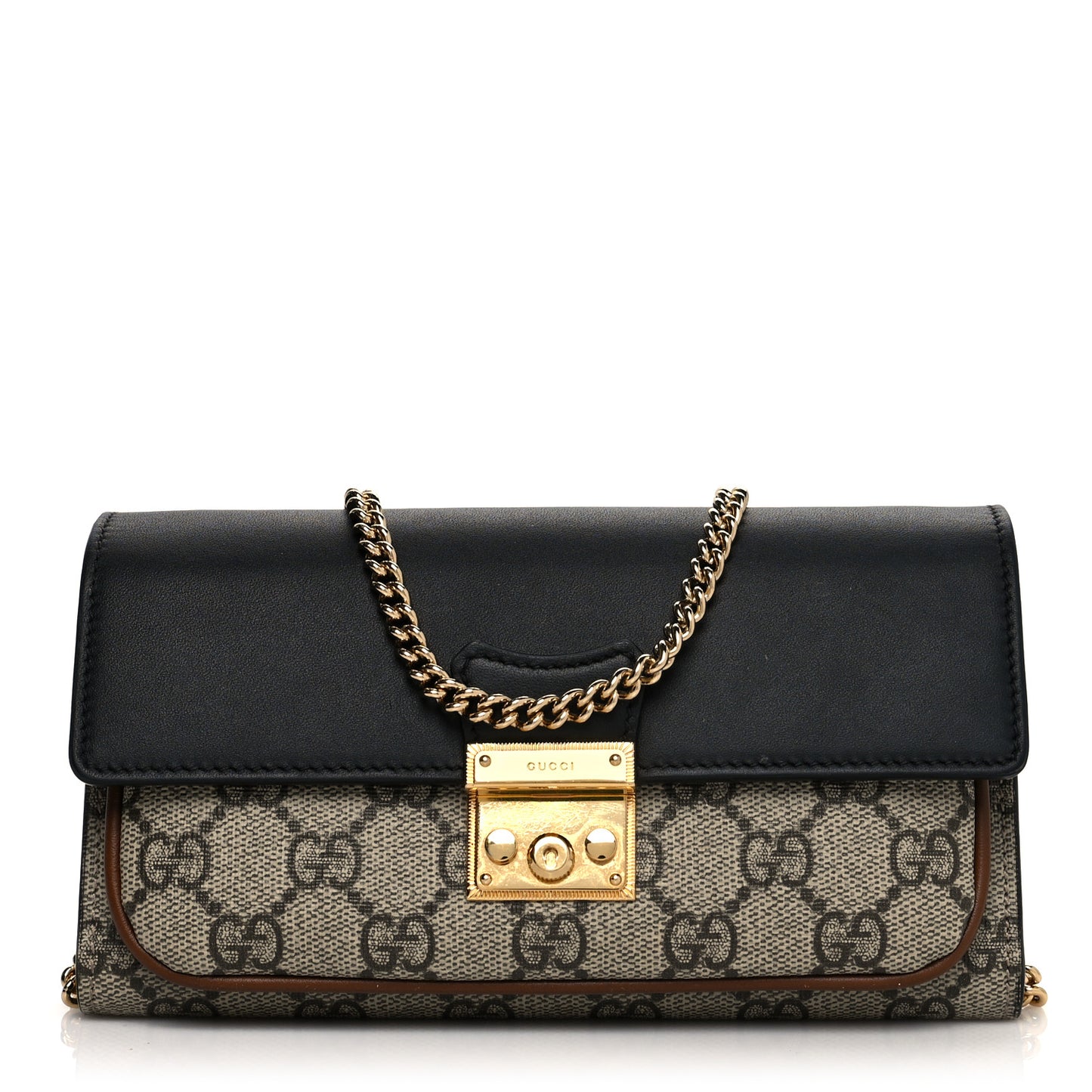 GG Supreme Monogram Calfskin Padlock Chain Wallet Beige Black Cuir