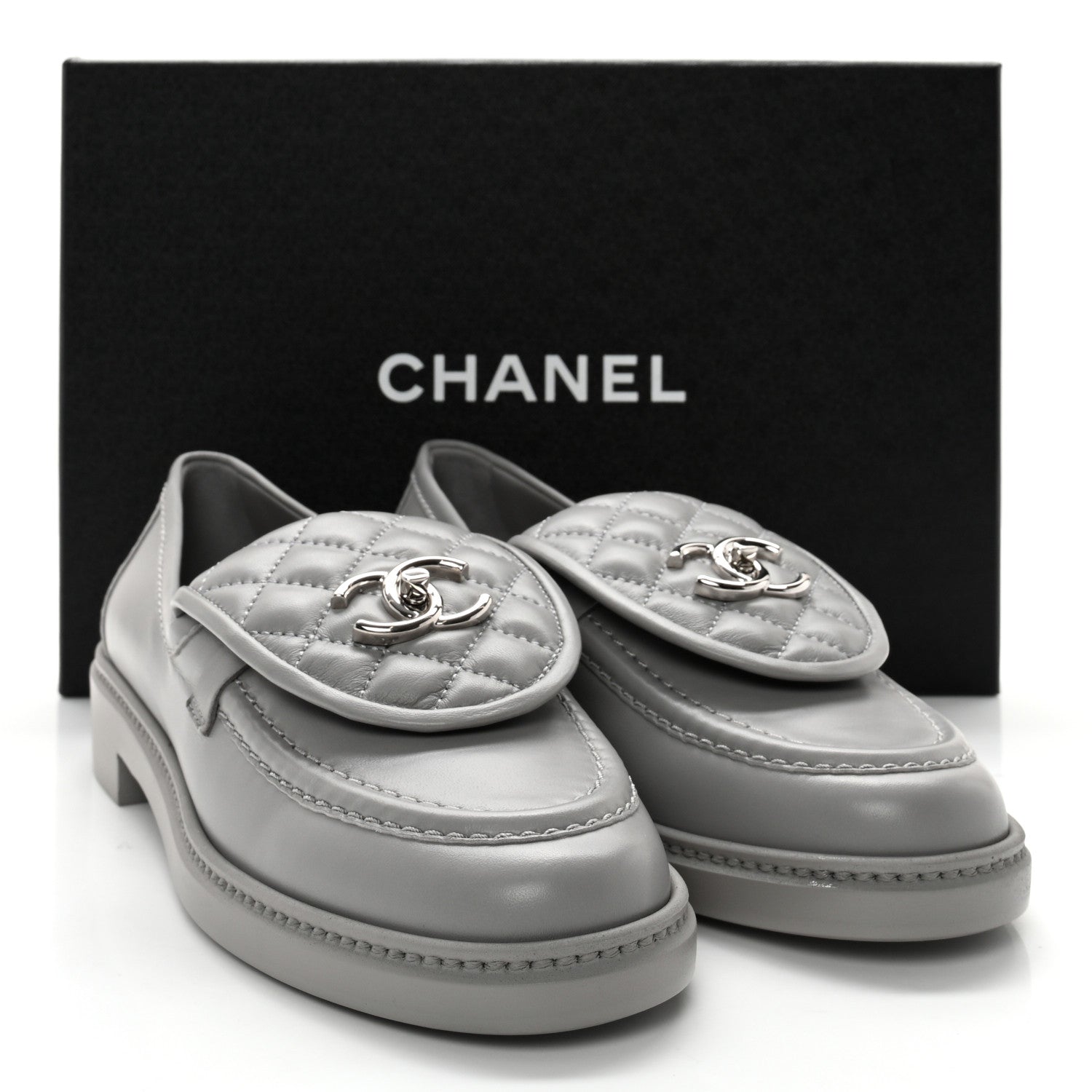 Chanel Lambskin Quilted CC Turnlock Moccasins 38.5 Grey 11 of 11