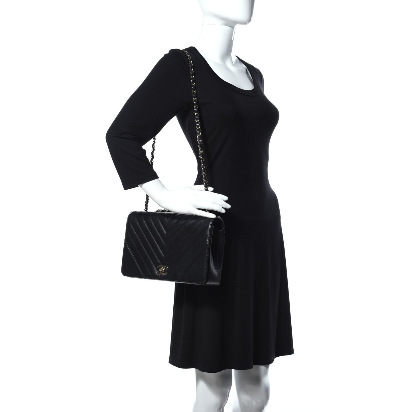 Calfskin Chevron Quilted Medium Statement Flap Black