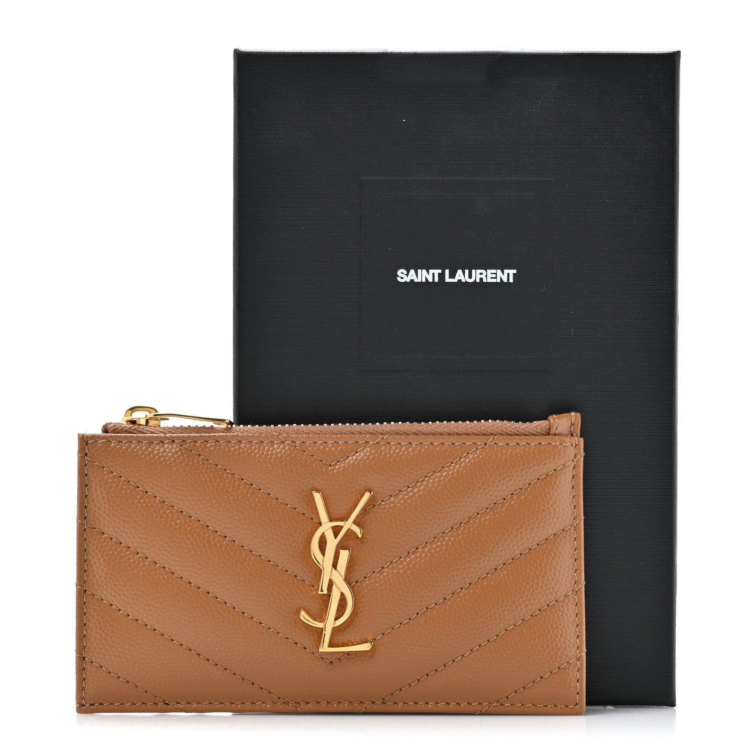 Saint Laurent Grain De Poudre Matelasse Chevron Monogram Fragments Zippered Card Case Naturel Dark 9 of 9
