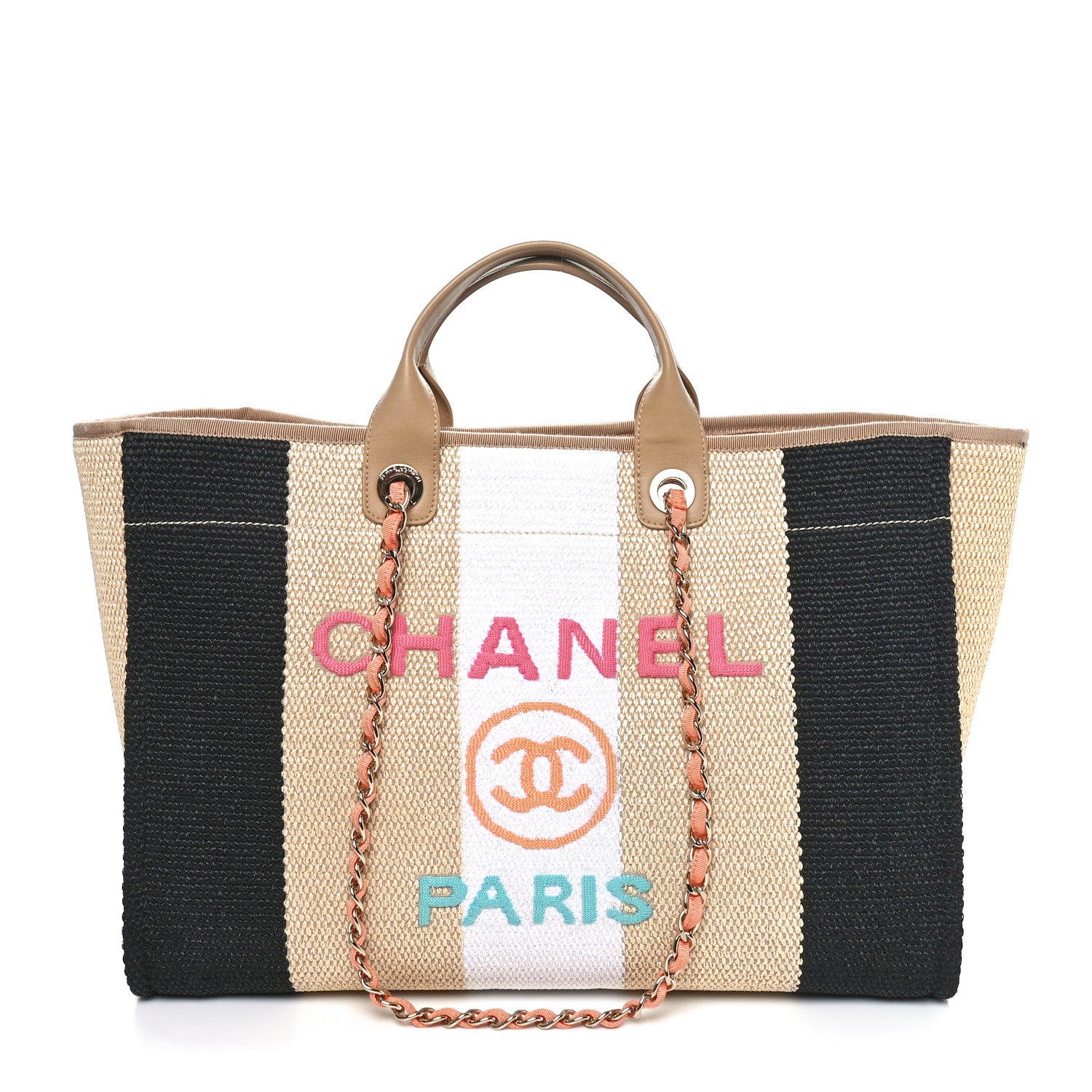 Chanel Straw Raffia Calfskin Striped Large Deauville Tote Black Beige Ivory 1 of 10