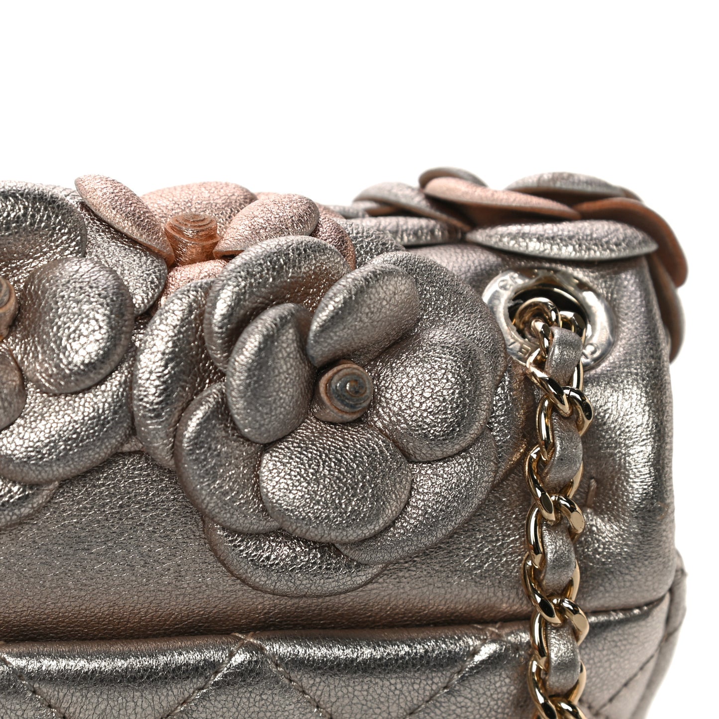 Metallic Lambskin Quilted Mini Camellia Flap Silver Gold