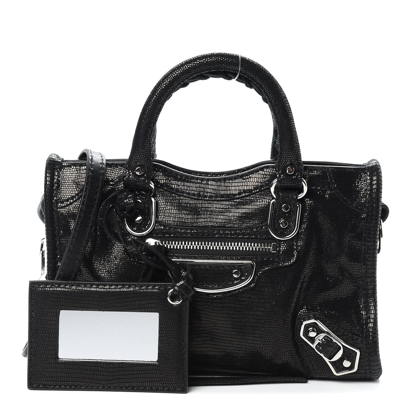 Lizard Embossed Agneau Silver Metallic Edge Hardware Nano City Black