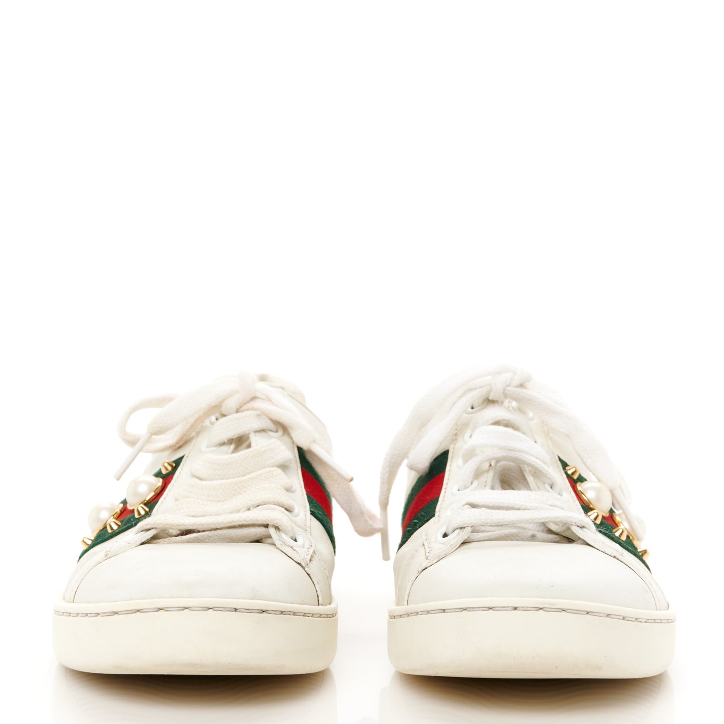 Calfskin Web Pearl Studded Womens Ace Sneakers 35 White