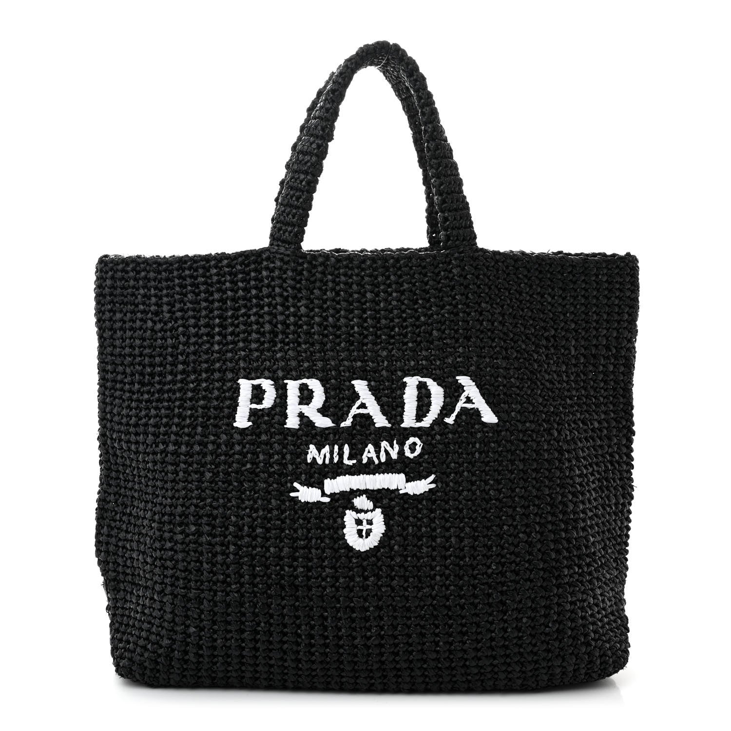 Prada Yarn Raffia Effect Crochet Large Logo Tote Black 1 of 10