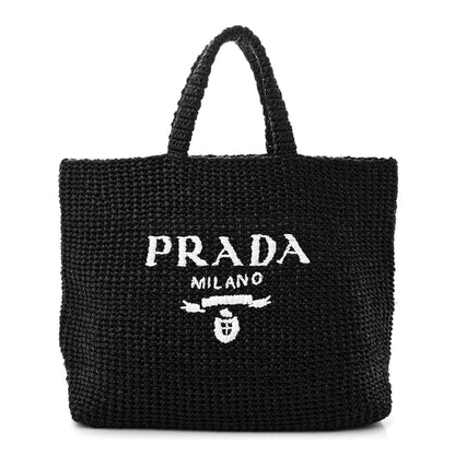 Prada Yarn Raffia Effect Crochet Large Logo Tote Black 1 of 10