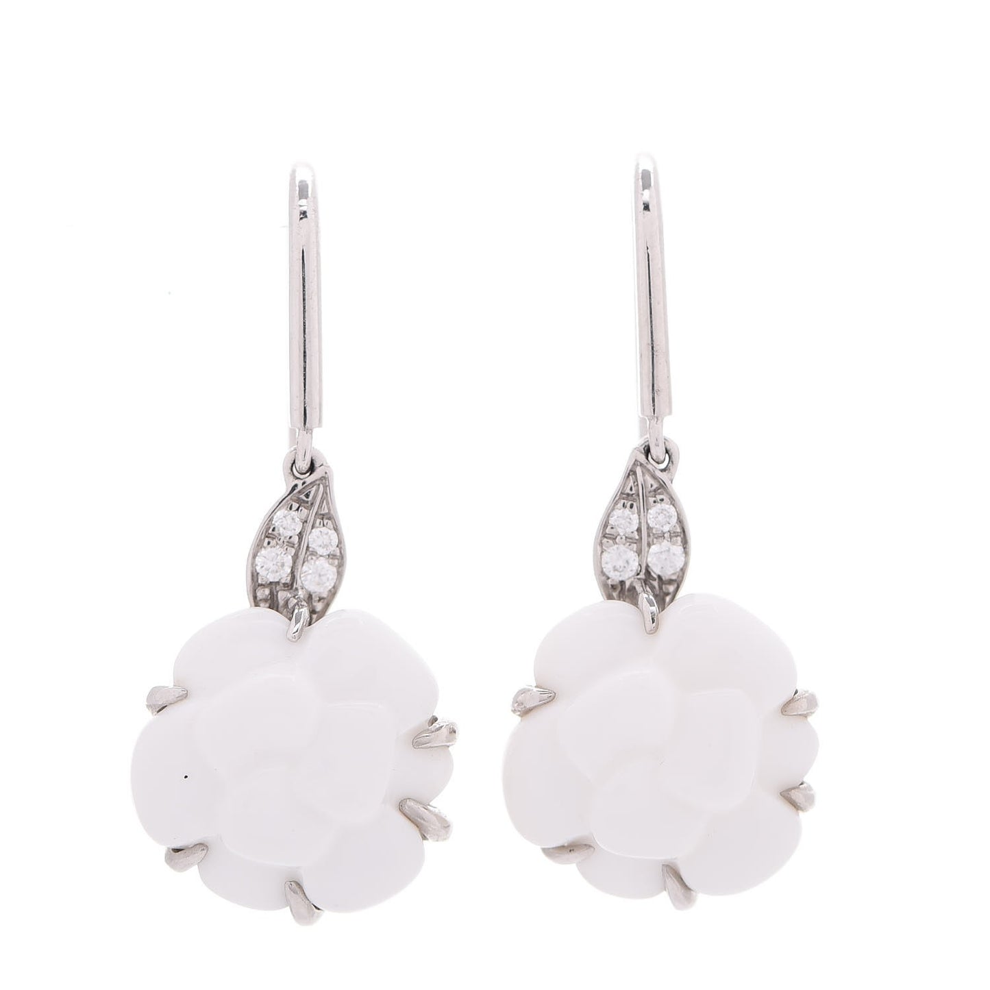 18K White Gold Diamond White Agate Camellia Earrings