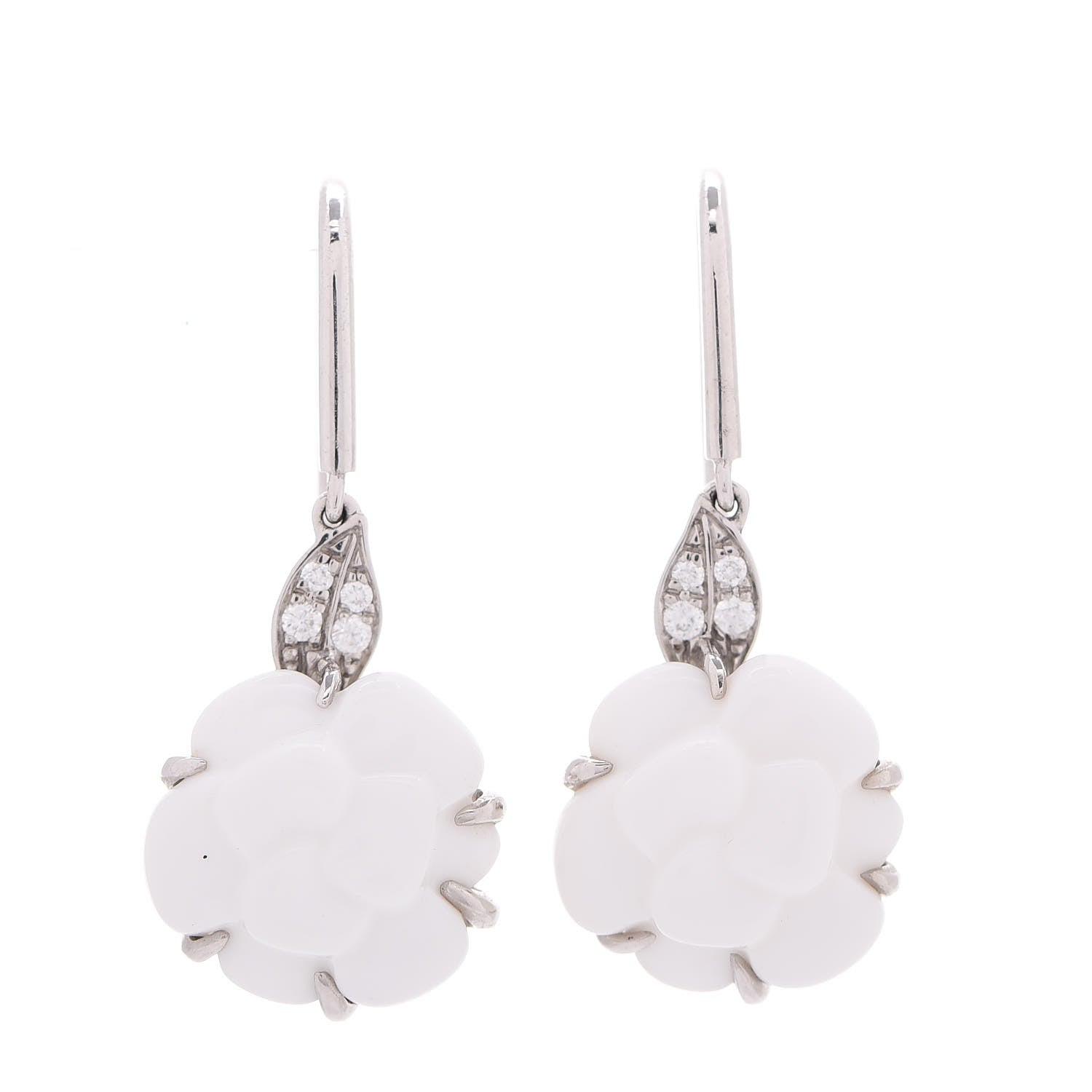 Chanel 18K White Gold Diamond White Agate Camellia Earrings 1 of 3