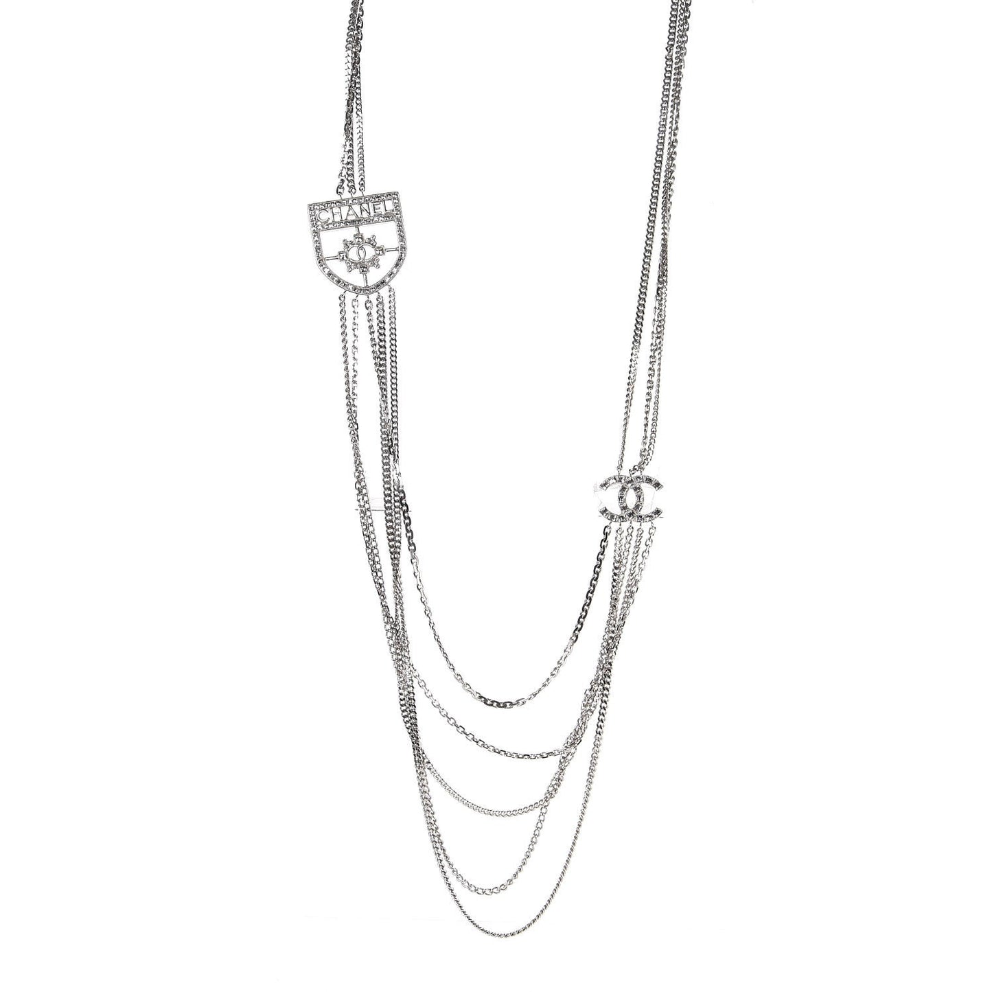 Baguette Crystal CC Shield Multi Strand Long Chain Necklace Silver