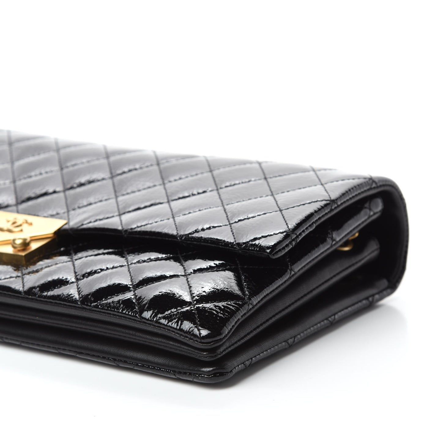 Patent Goatskin Quilted 3 Pocket Accordion Flap Black