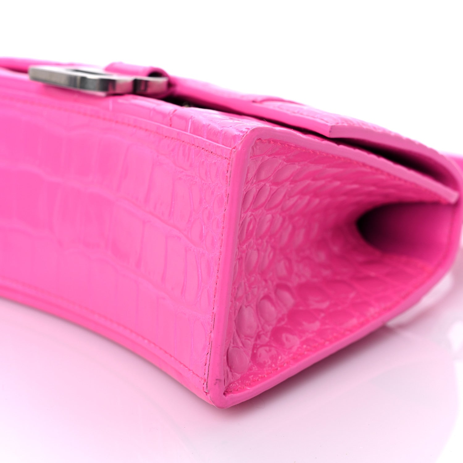 Balenciaga Shiny Calfskin Crocodile Embossed Hourglass Top Handle Bag XS Neon Pink 8 of 12