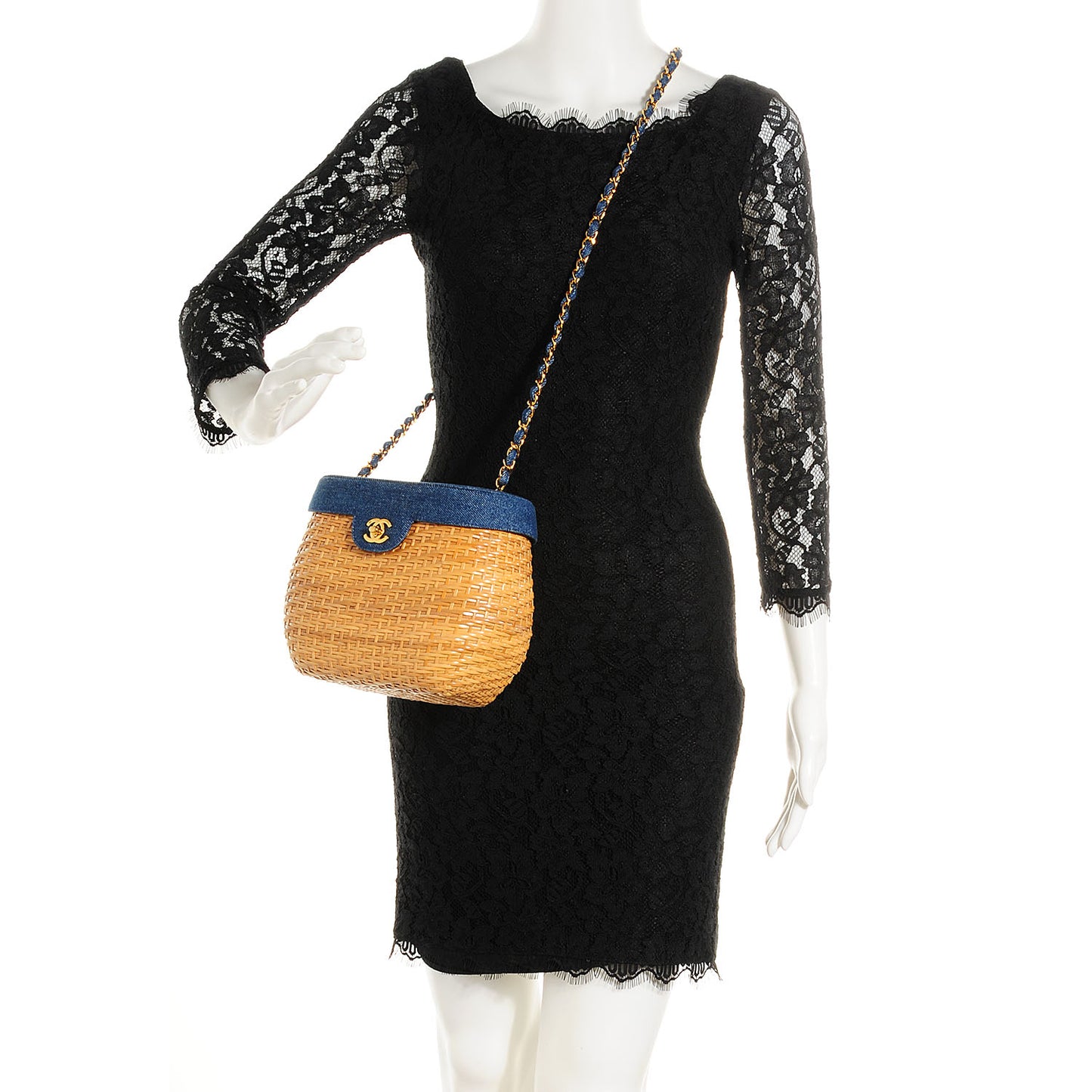 Denim Rattan Basket Shoulder Bag Blue