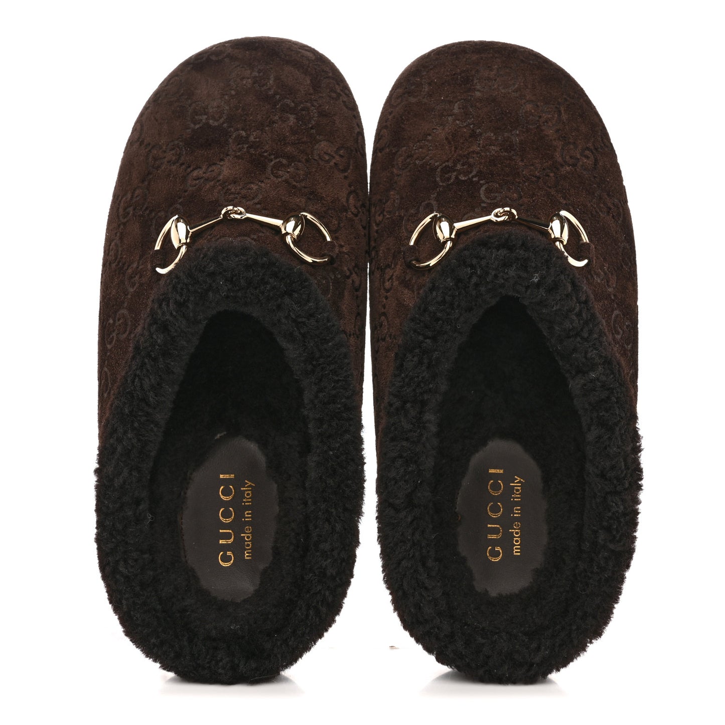Suede GG Debossed Shearling Womens Horsebit Mules 36 Dark Brown