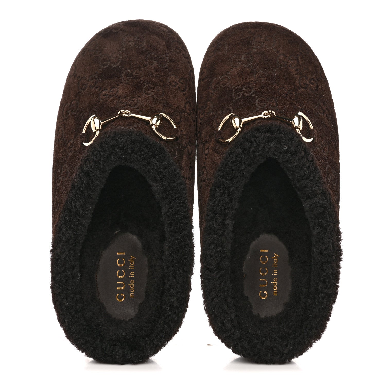 Gucci Suede GG Debossed Shearling Womens Horsebit Mules 36 Dark Brown 2 of 8