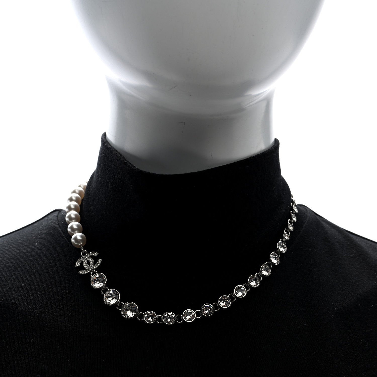 Chanel Pearl Crystal CC Choker Necklace Silver 2 of 5