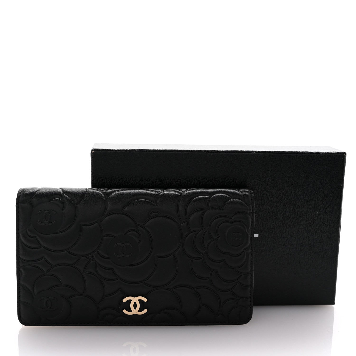 Chanel Lambskin Camellia Embossed Yen Wallet Black 9 of 9