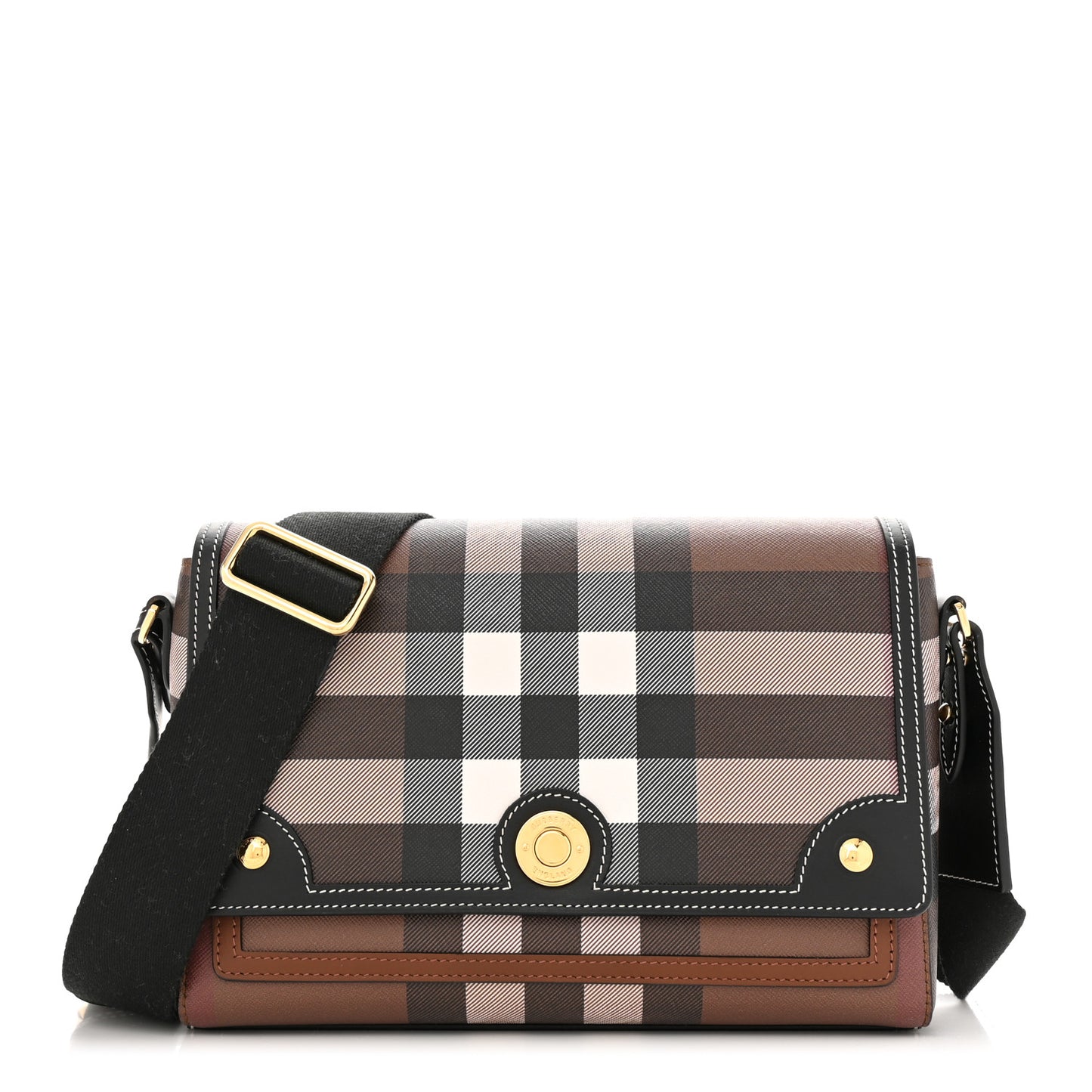 Calfskin Giant Check E-Canvas Note Crossbody Bag Dark Birch Brown