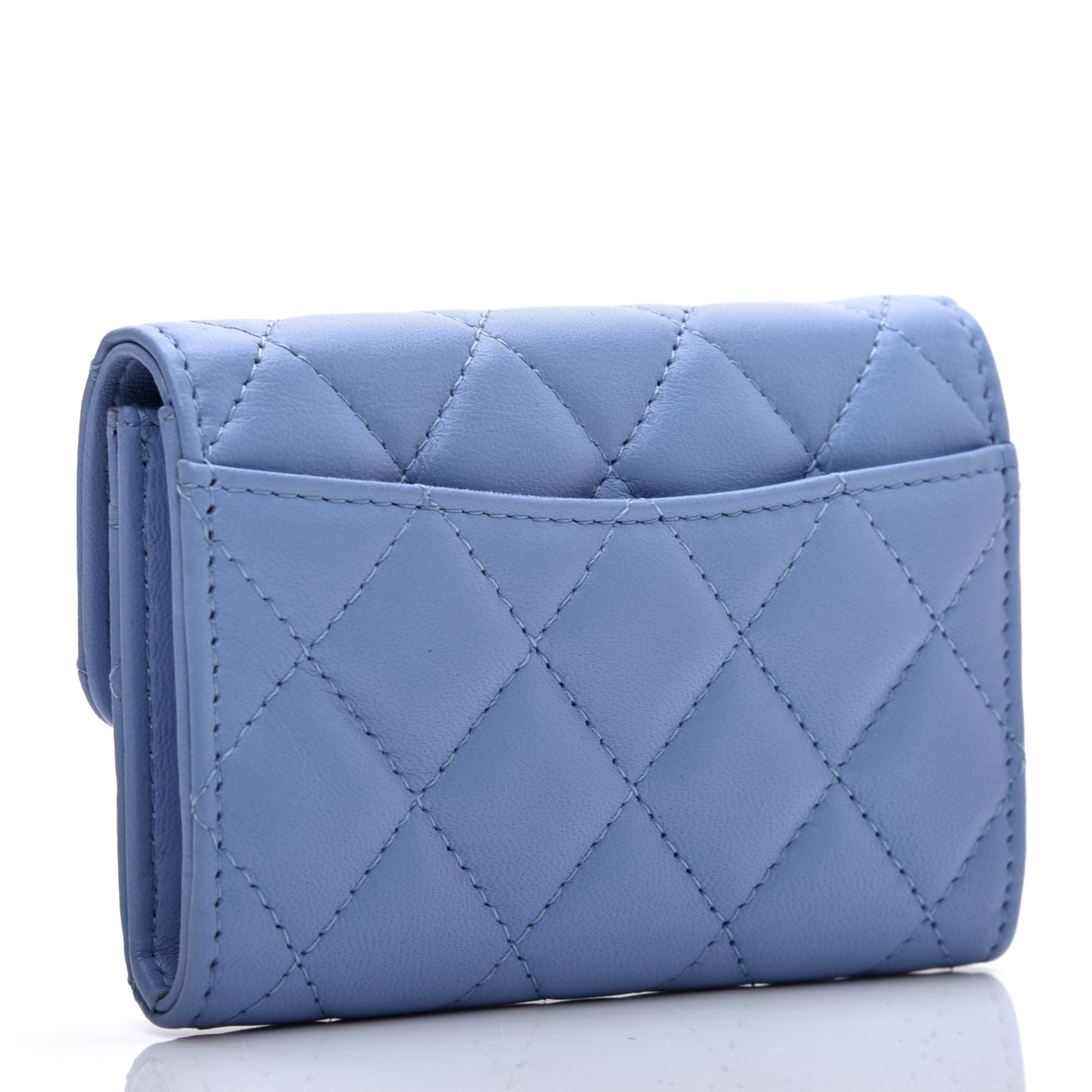 Lambskin Quilted Flap Card Holder Wallet Light Blue