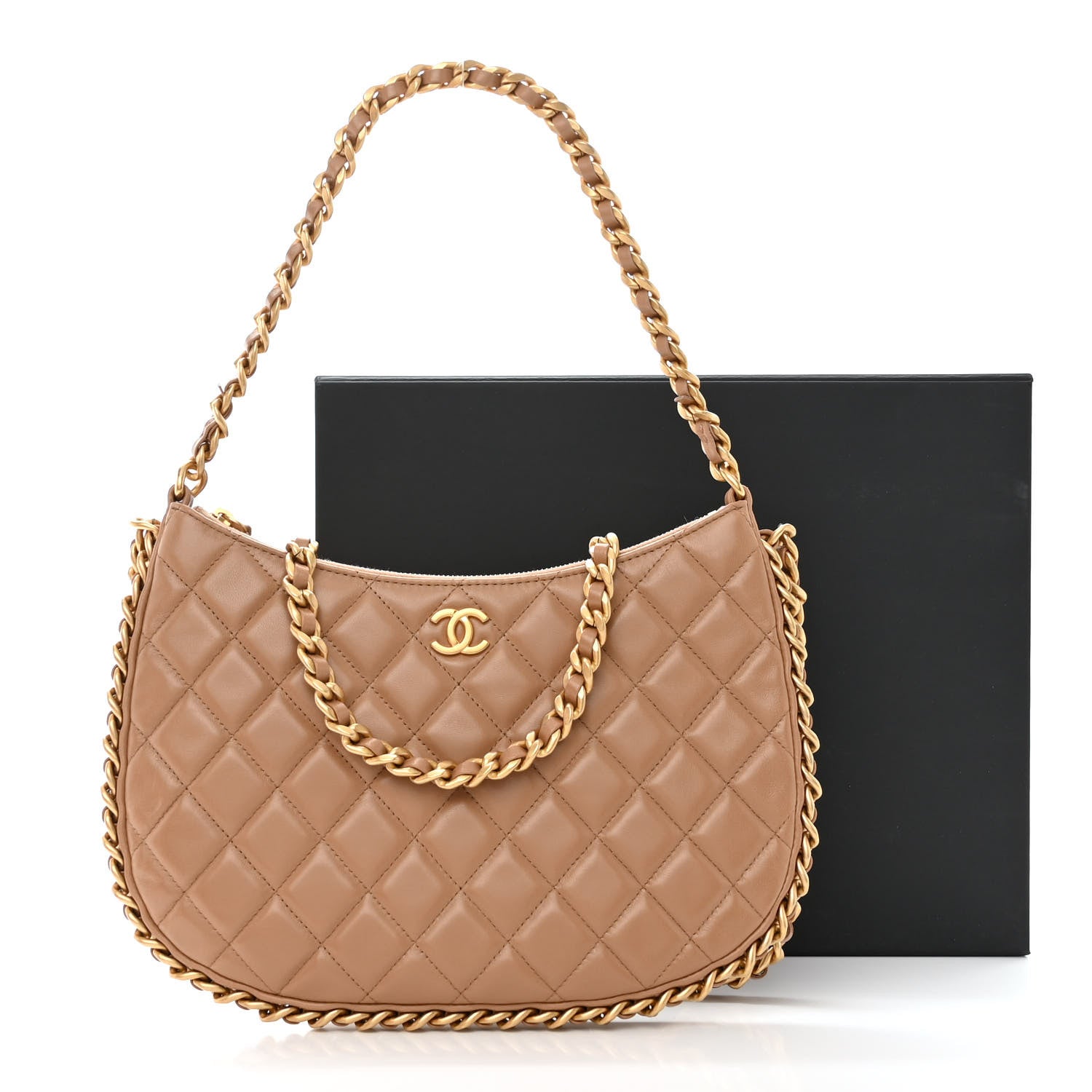 Chanel Shiny Crumpled Lambskin Quilted Large Trendy Chain Around Hobo Dark Beige 11 of 11
