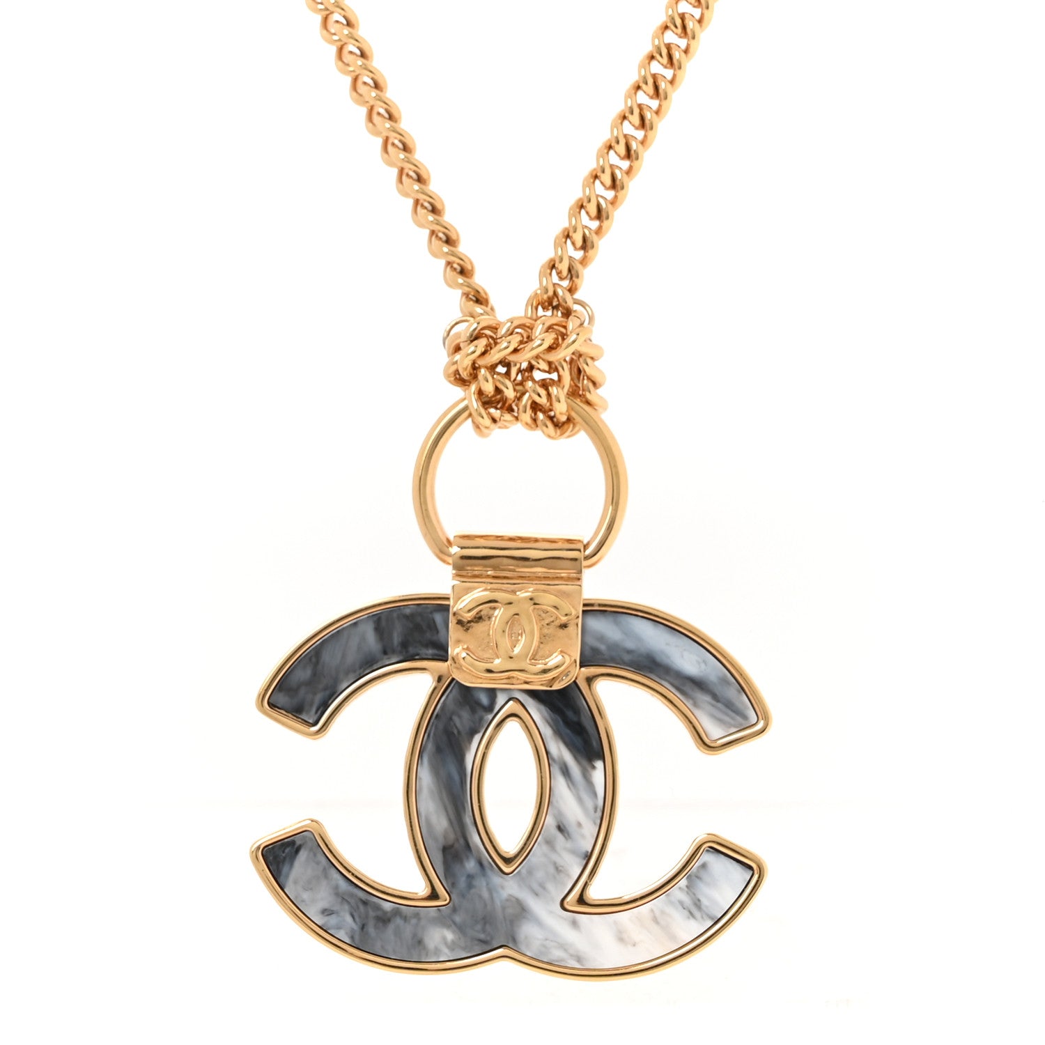 Chanel Metal Resin Marbled CC Pendant Necklace Gold Grey 1 of 5