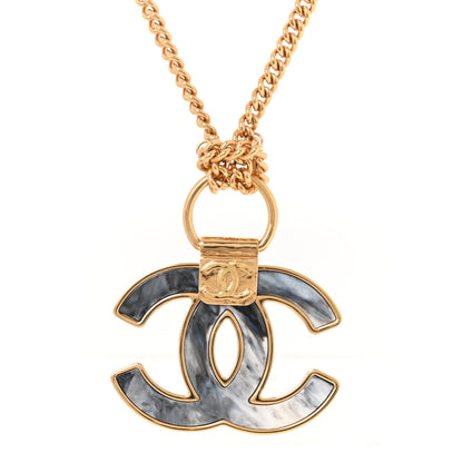 Chanel Metal Resin Marbled CC Pendant Necklace Gold Grey 1 of 5