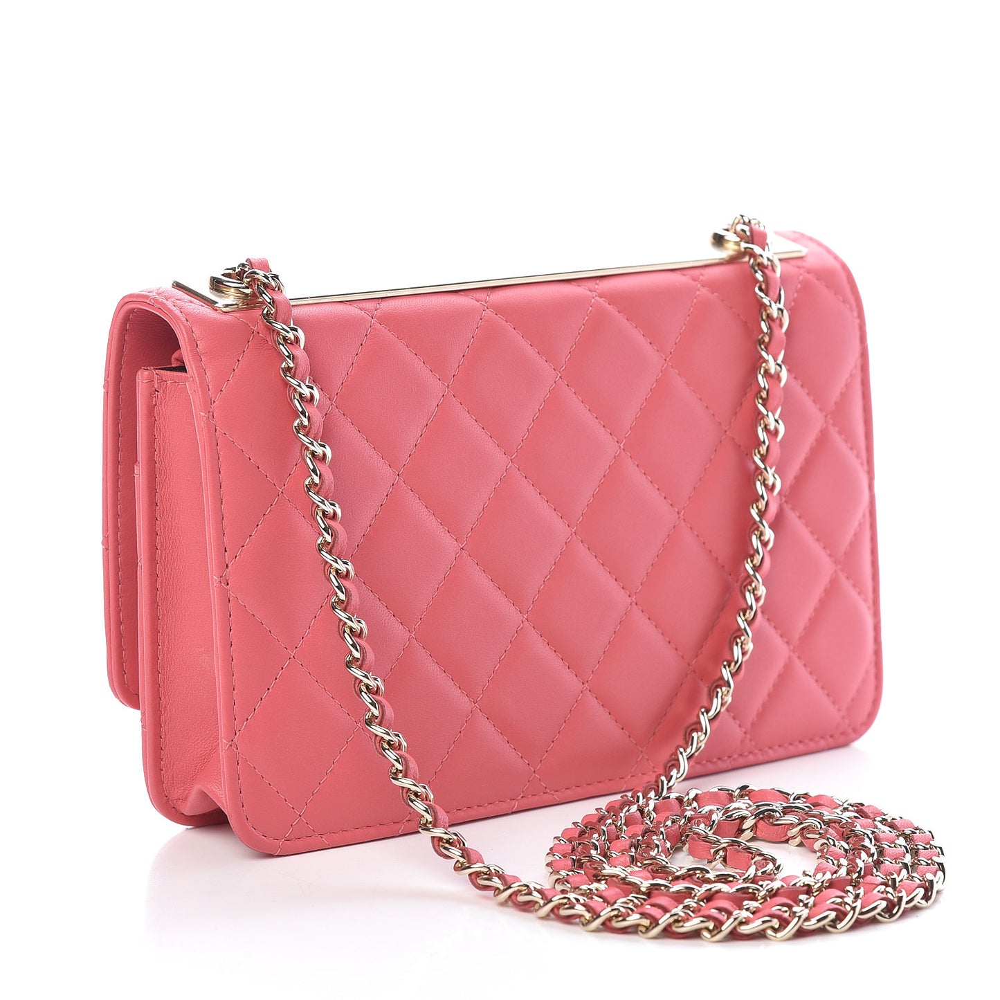 Lambskin Quilted Trendy CC Wallet On Chain WOC Bright Pink