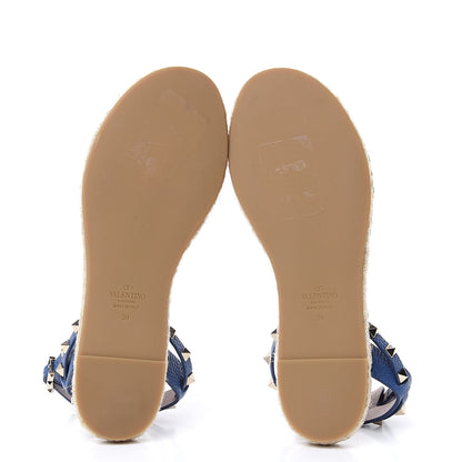 Valentino Garavani Grained Calfskin Rockstud Ankle Strap Espadrille Flat Sandals 39 Baltique 5 of 8