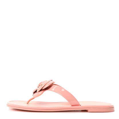 Chanel Patent Calfskin Camellia Thong Sandals 37.5 White 38 Light Pink 1 of 8
