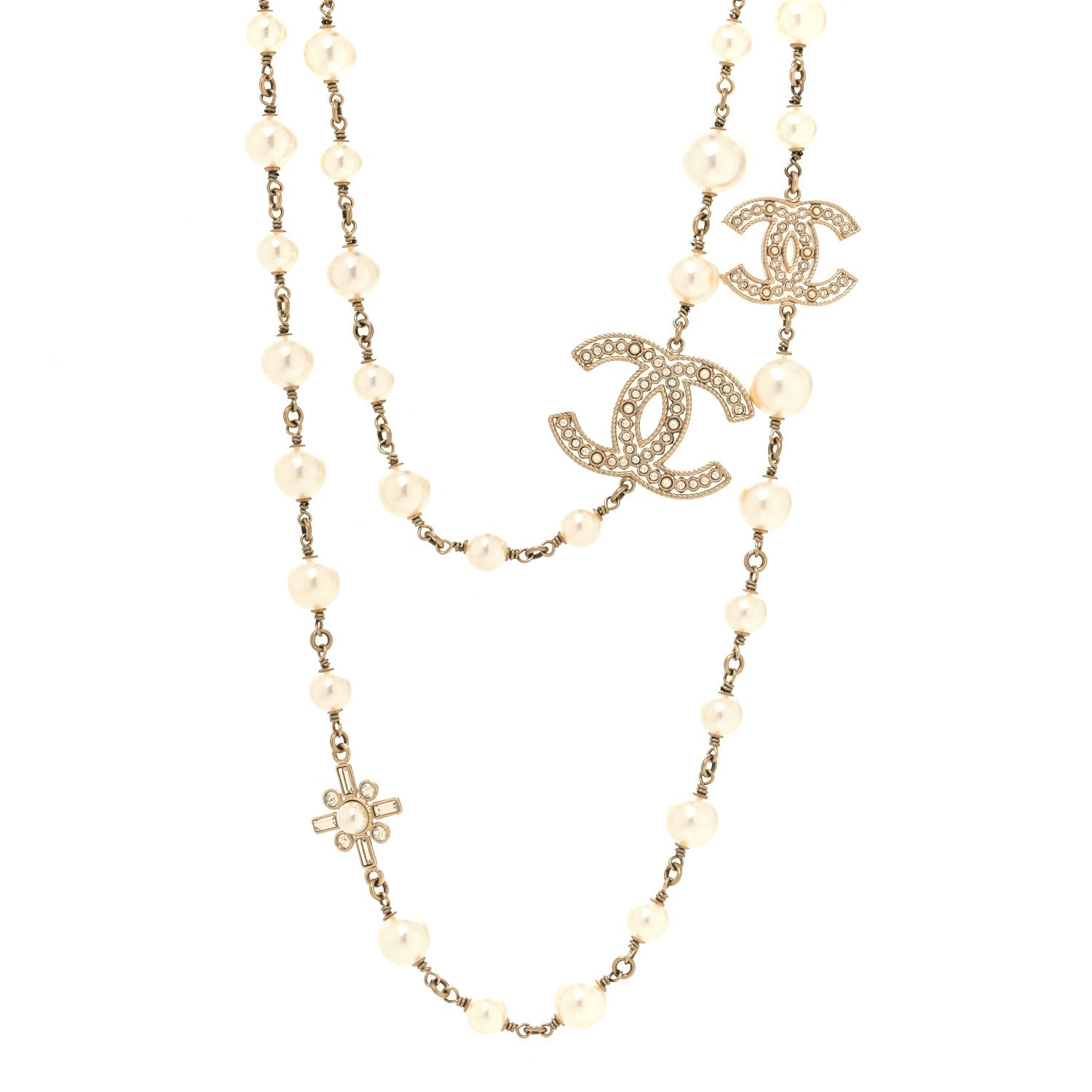 Chanel Crystal Baguette Pearl CC Cross Necklace Gold 1 of 4