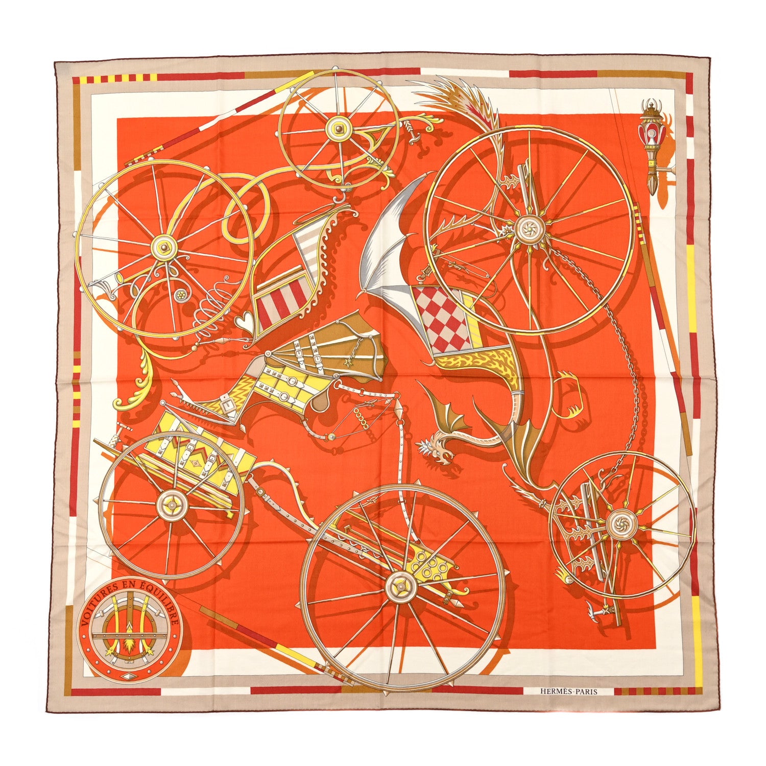 Hermes Cashmere Silk Voitures en Equilibre Shawl 140 Blanc Orange Cuit White Orange Cuit Jaune 1 of 5