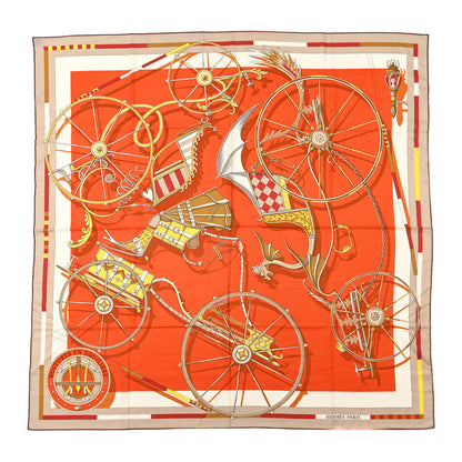 Hermes Cashmere Silk Voitures en Equilibre Shawl 140 Blanc Orange Cuit White Orange Cuit Jaune 1 of 5
