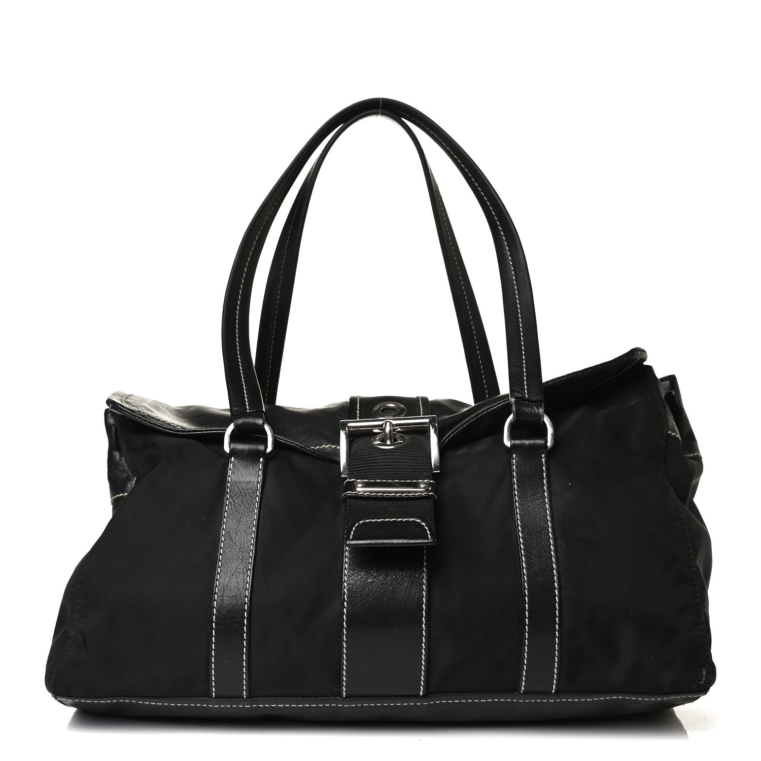 Prada Soft Calfskin Nylon Buckle Shoulder Bag Black 1 of 15