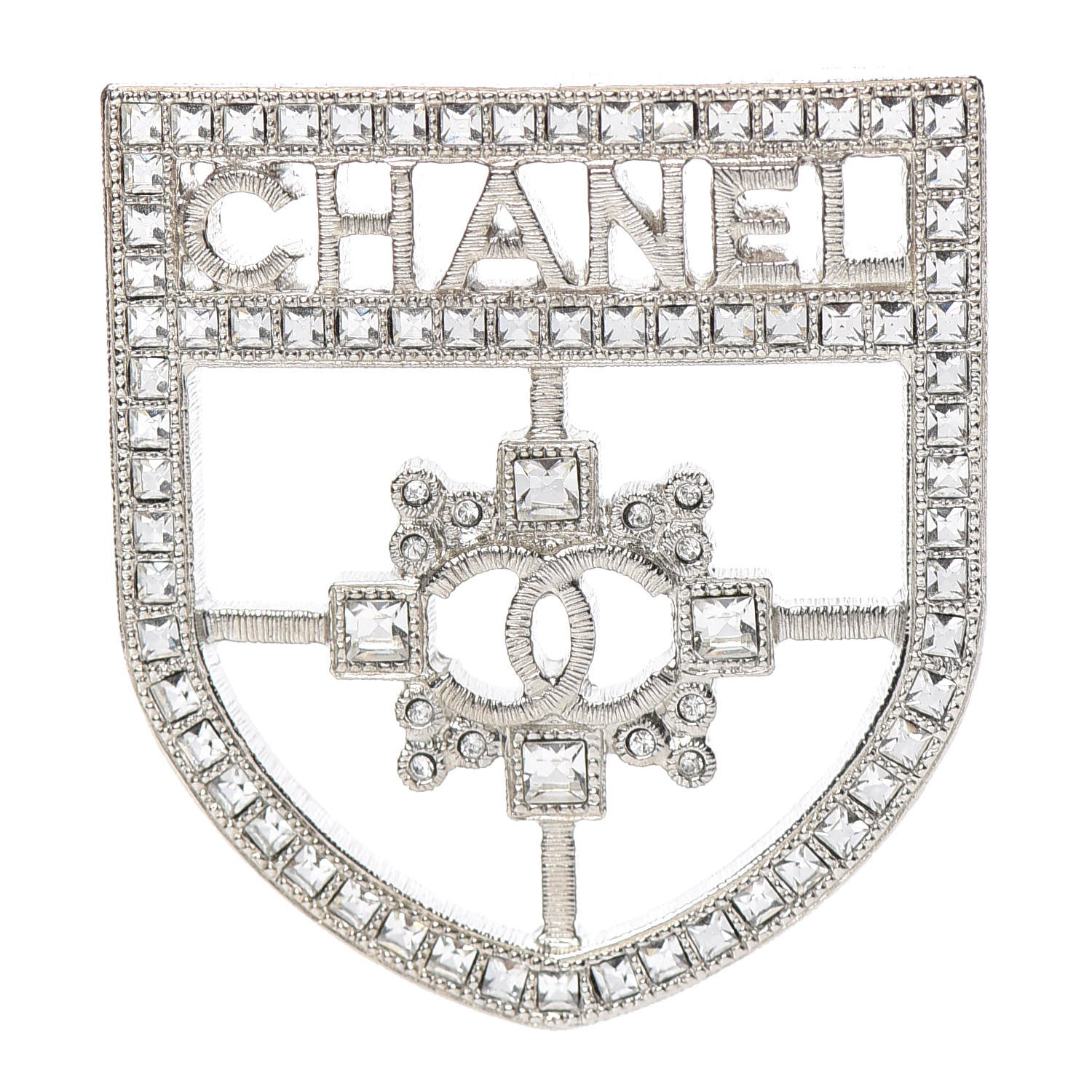 Chanel Swarovski Baguette Crystal CC Shield Brooch Silver 1 of 5