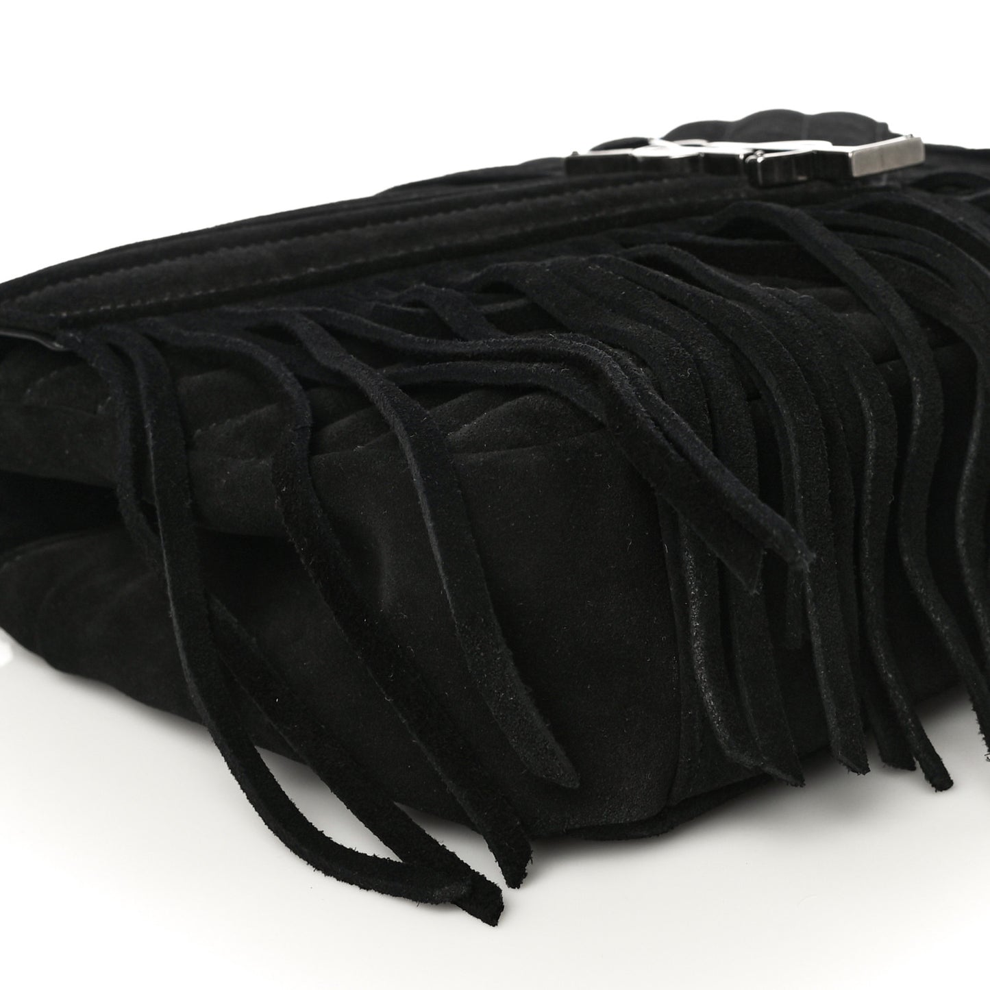 Suede Matelasse Chevron Fringe Monogram Medium College Bag Black