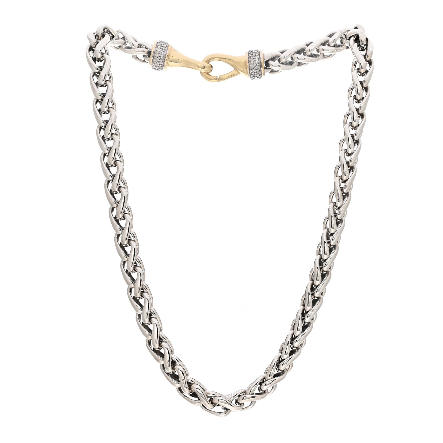 Sterling Silver 18K Yellow Gold Diamond 8mm Wheat Chain Necklace