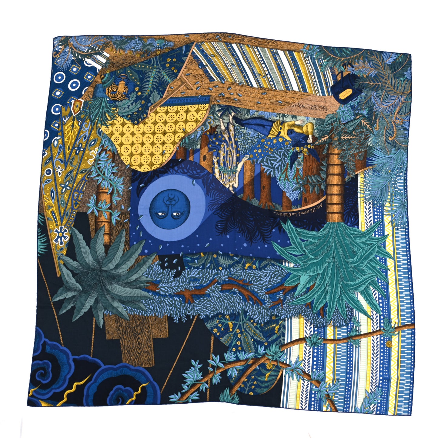 Cashmere Silk Acte III Scene I La Clairiere Shawl 140 Bleu Nuit Jaune
