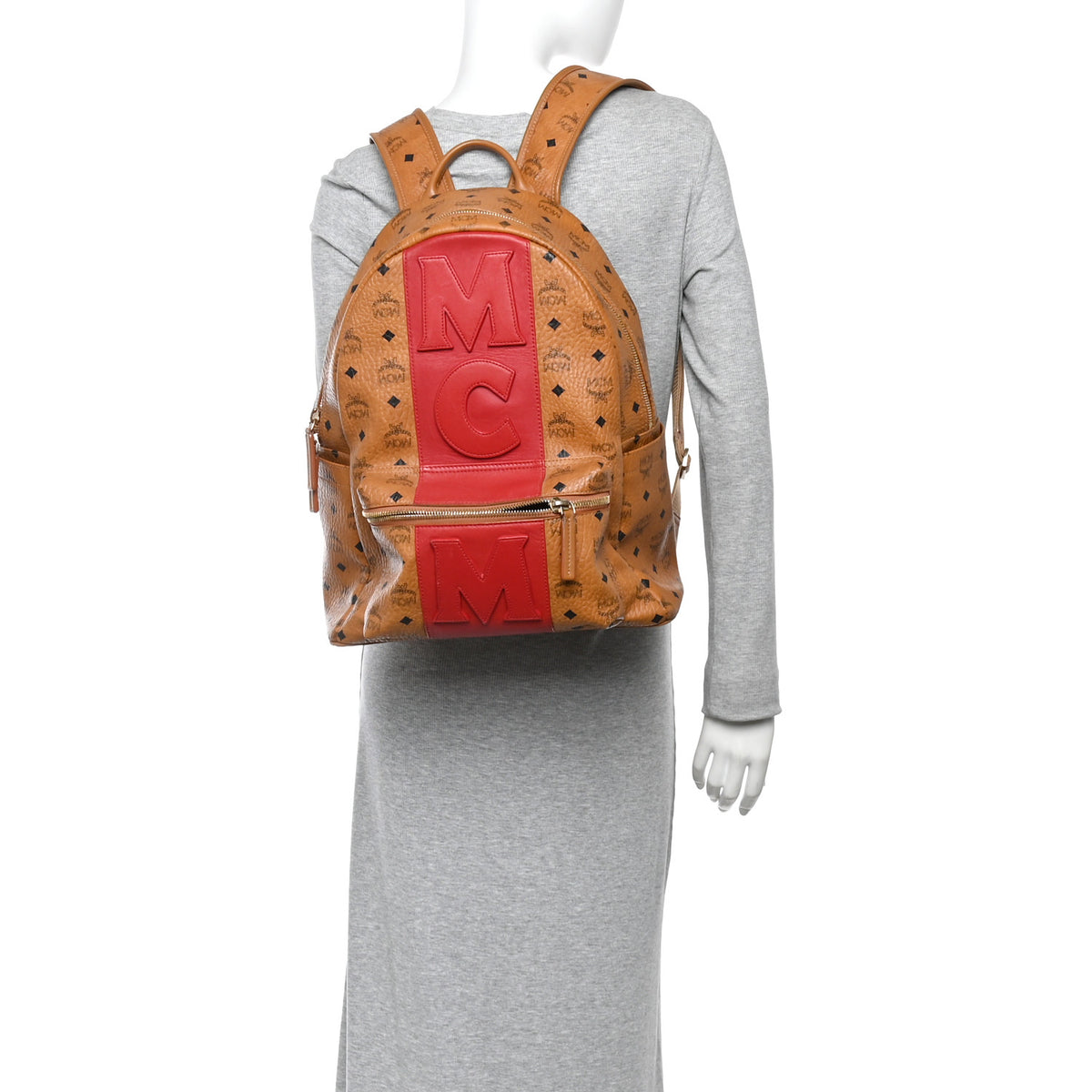 MCM Visetos Medium Stark Logo Stripe Backpack Cognac Red 2 of 12