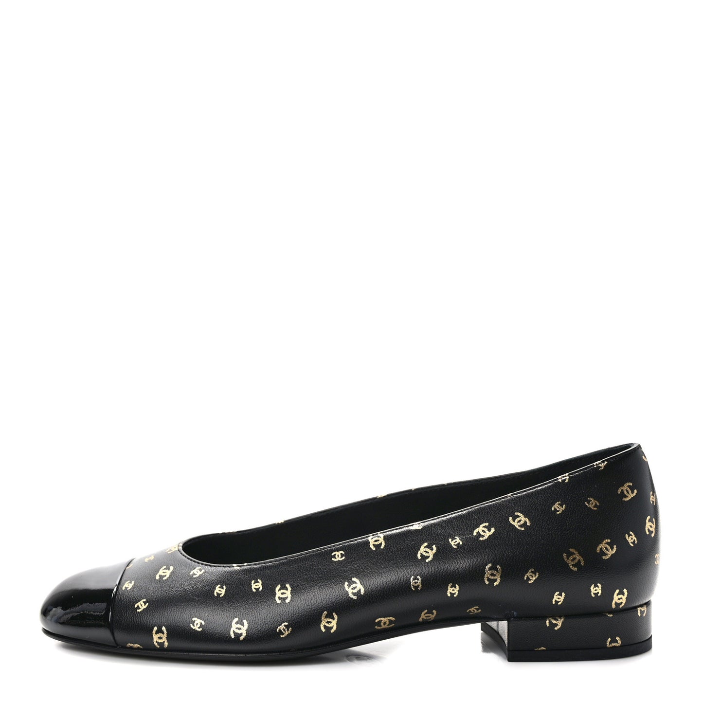 Lambskin Patent Calfskin Printed CC Cap Toe Ballerina Flats 37 Black Gold