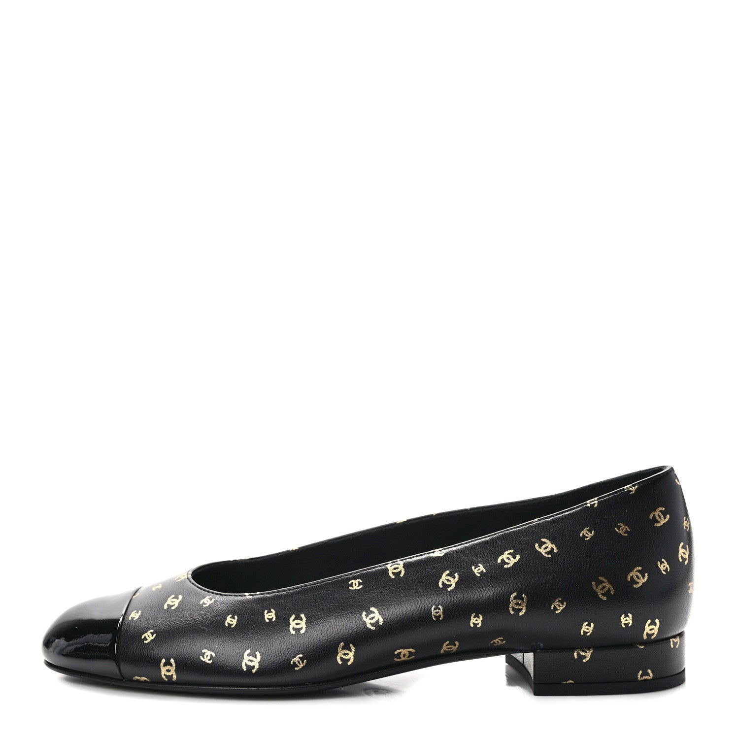 Chanel Lambskin Patent Calfskin Printed CC Cap Toe Ballerina Flats 37 Black Gold 1 of 8