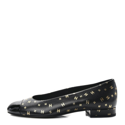 Chanel Lambskin Patent Calfskin Printed CC Cap Toe Ballerina Flats 37 Black Gold 1 of 8